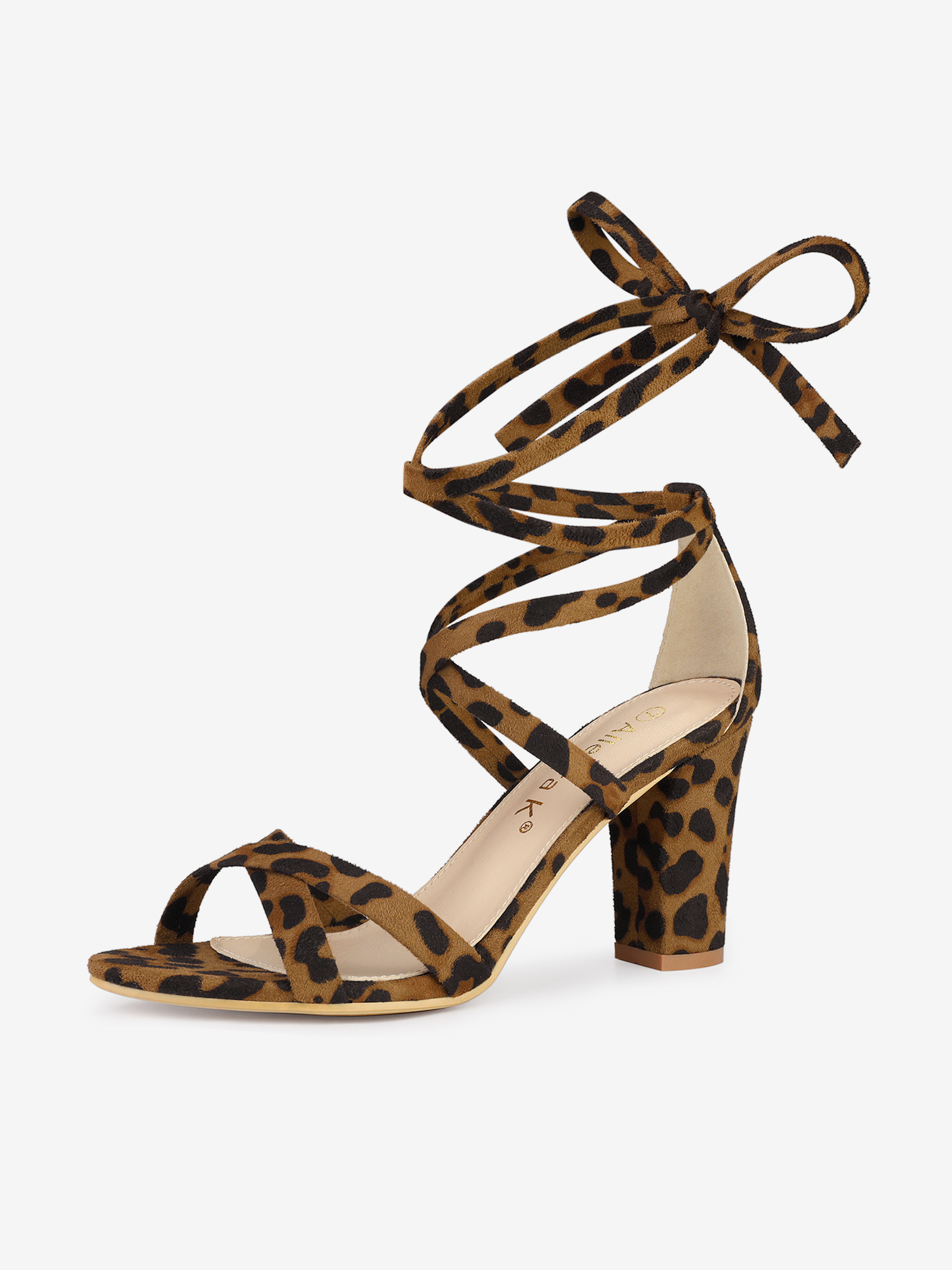Elegant Faux Suede Ankle Lace Up High Block Heel Sandals Leopard/9