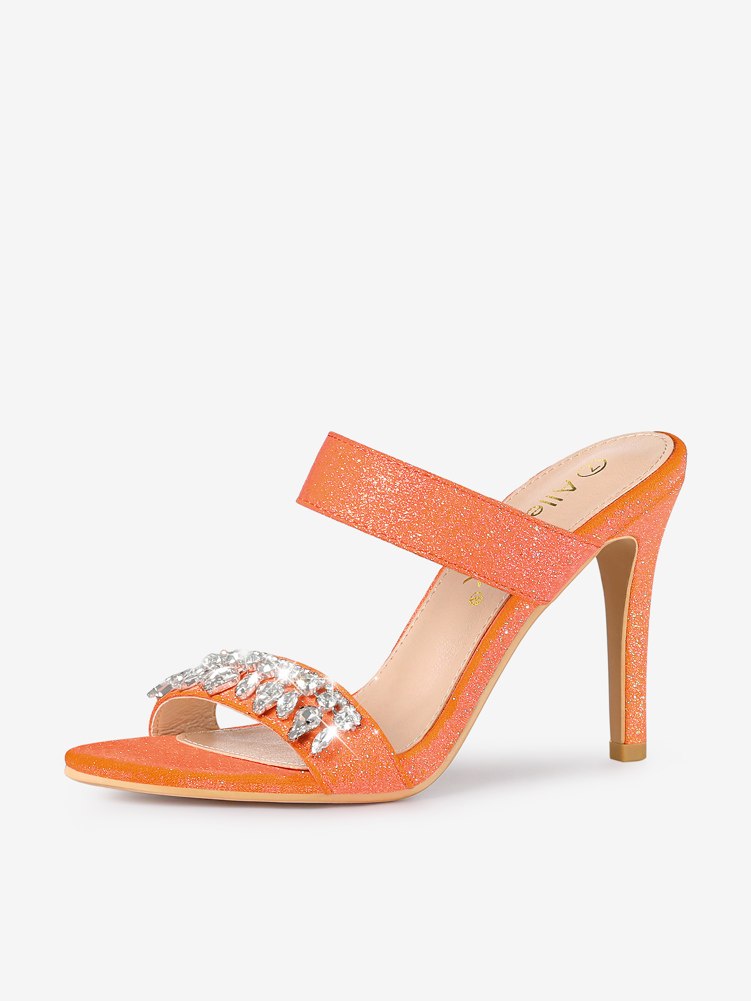 Open Toe Glitter Rhinestone Decor Stiletto Heel Sandals Orange/6