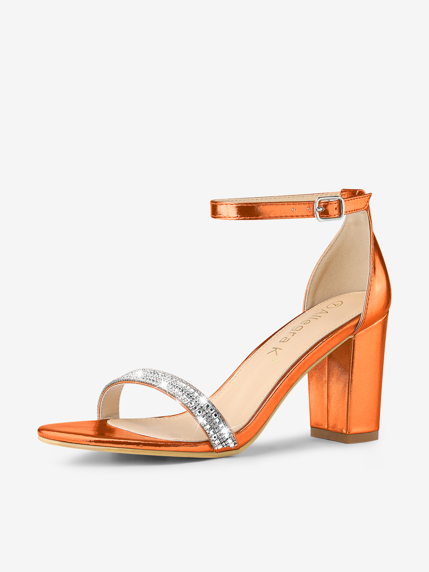 Rhinestone Ankle Strap Chunky Heel Sandals Orange/5.5
