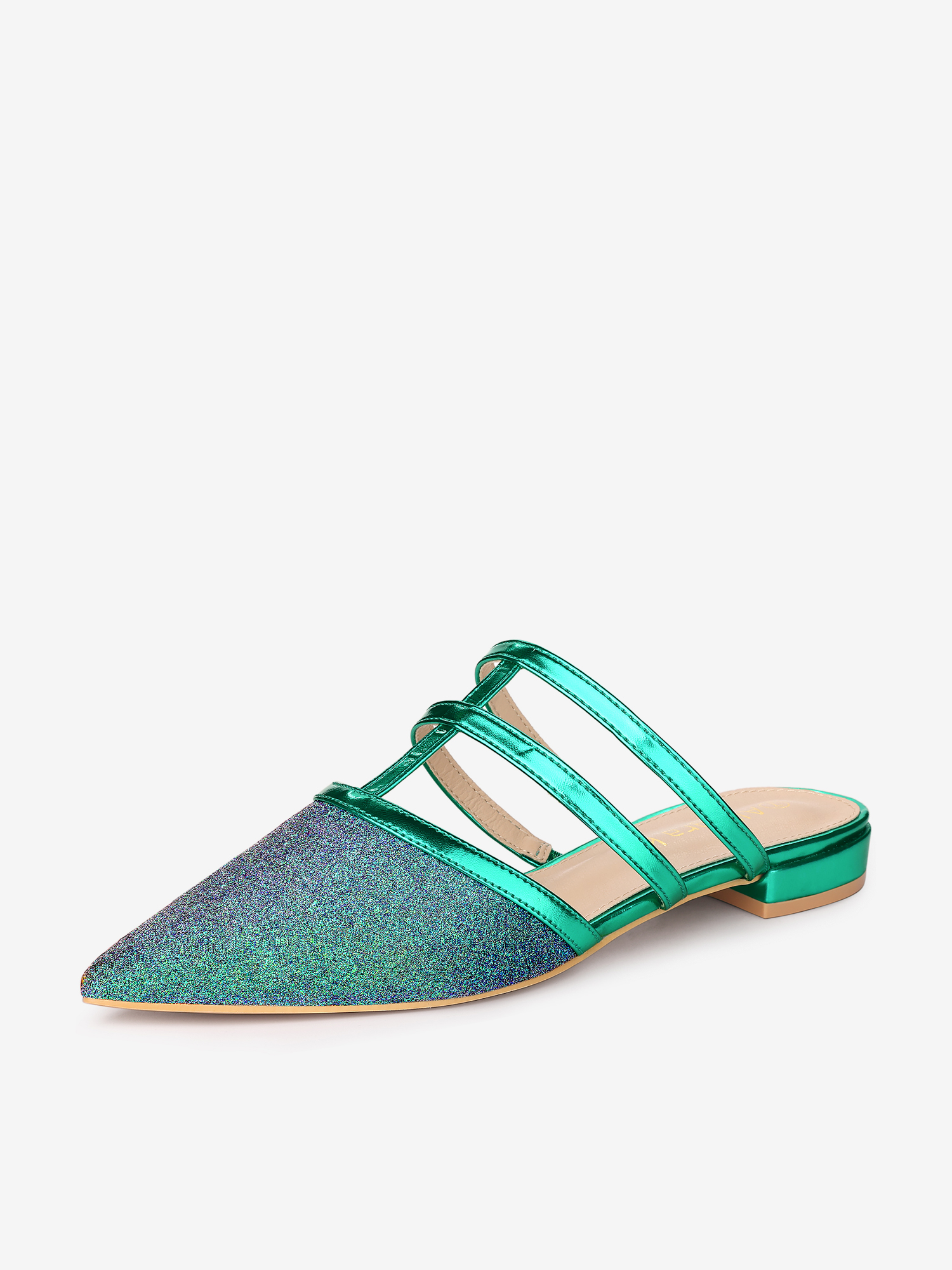 Glitter Pointed Toe T Strap Slip On Flats Mules Green/7