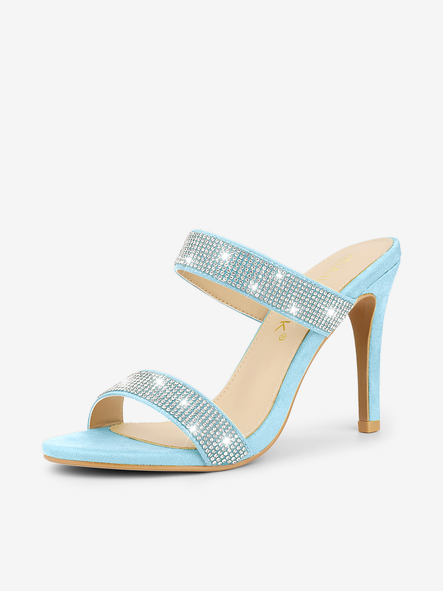 Open Toe Stiletto Heel Rhinestone Mules Summer Sandals Light Blue/7