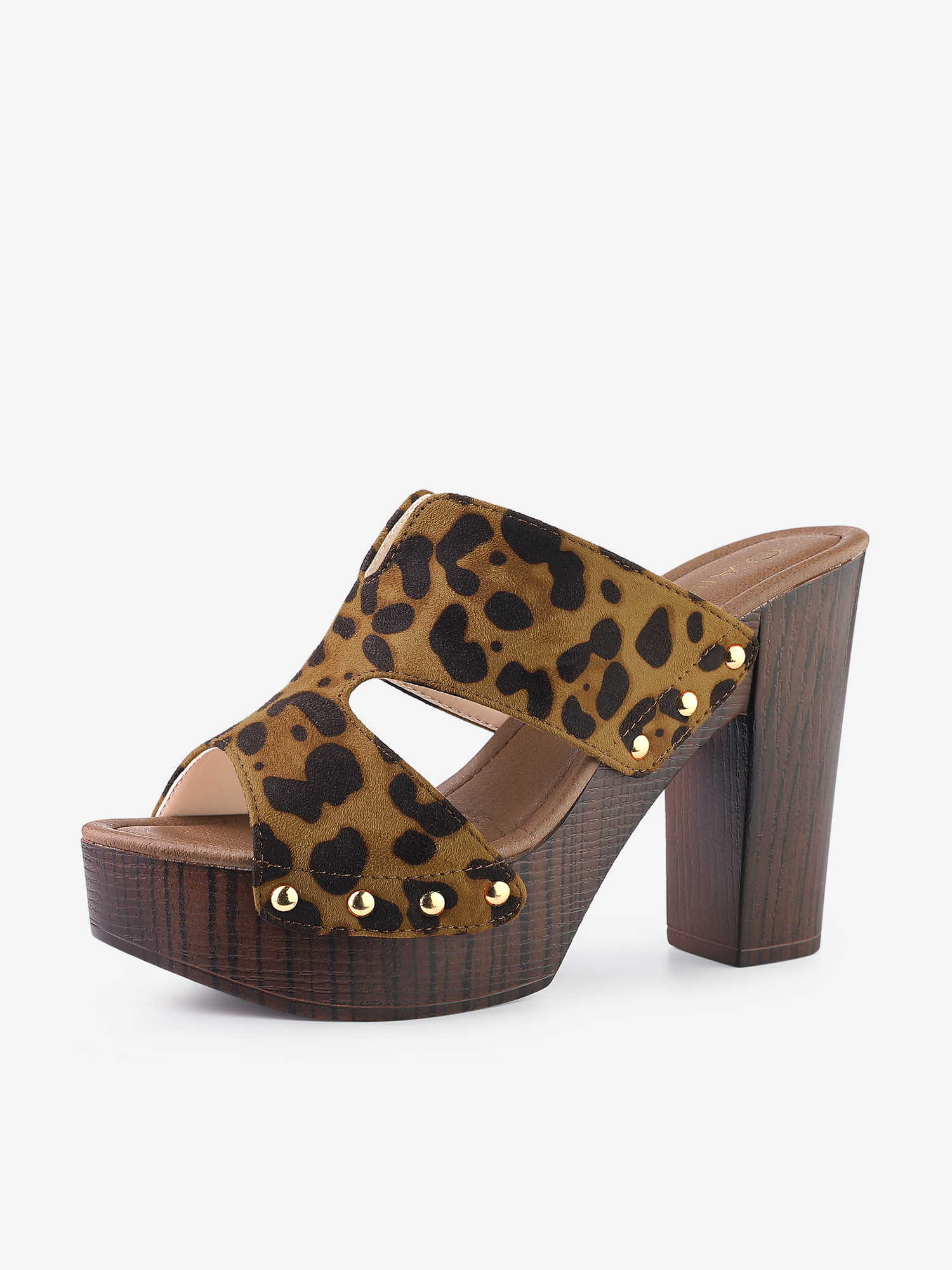 Faux Suede Platform High Block Heel Slides Sandals Brown Leopard/8