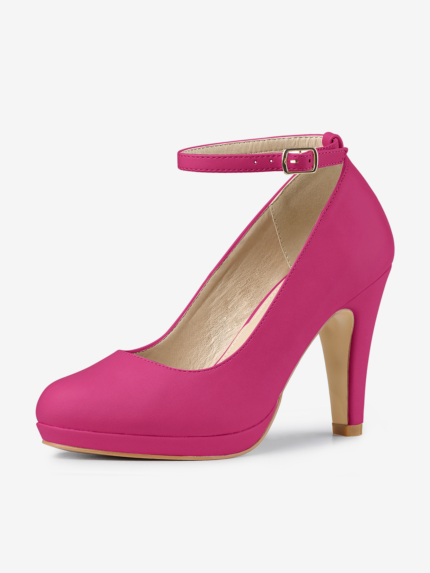 Round Toe Stiletto Heel Ankle Strap PU Leather Pumps Hot Pink/9.5