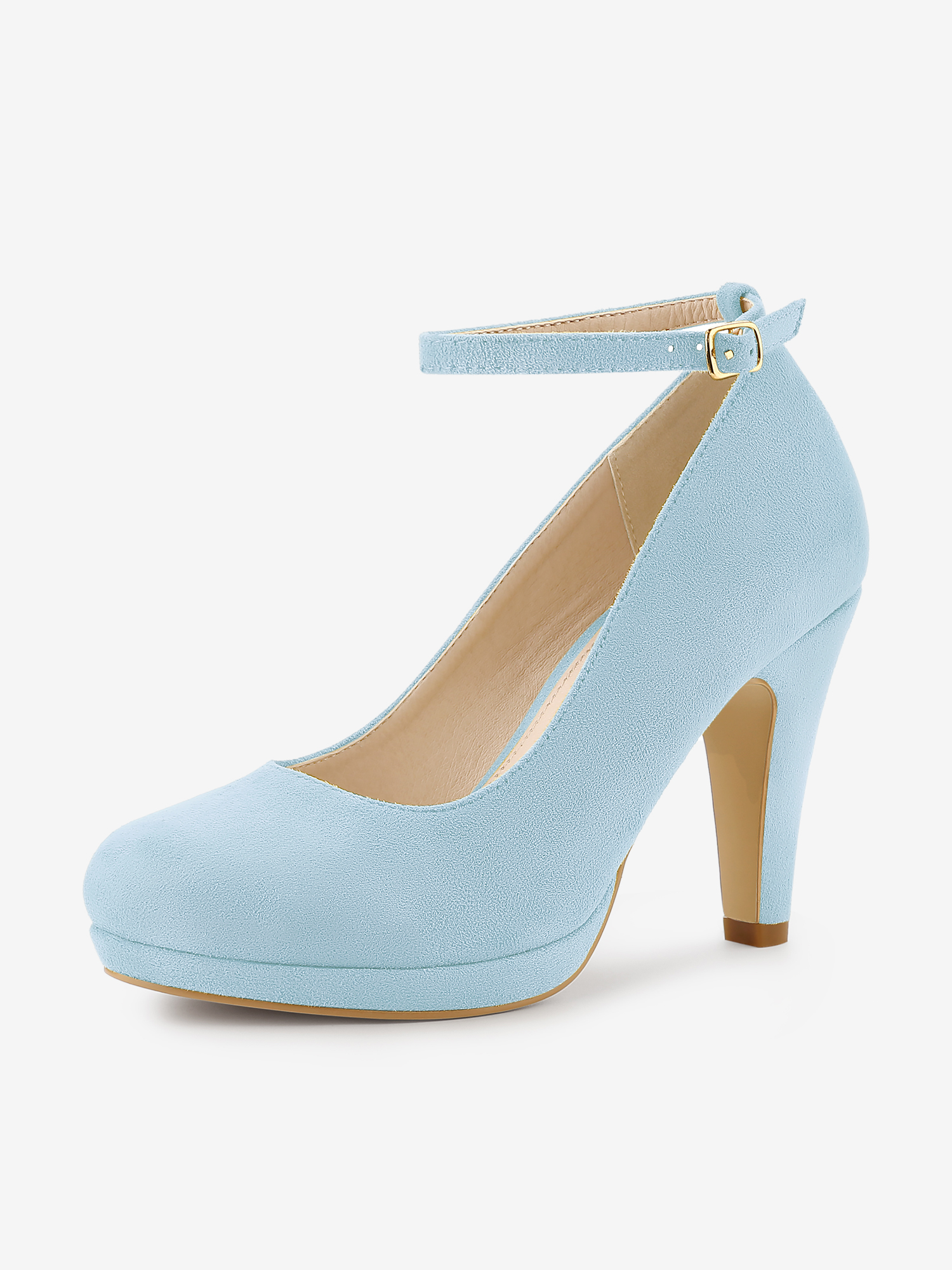 Round Toe Stiletto Heel Ankle Strap PU Leather Pumps Sky Blue/6.5