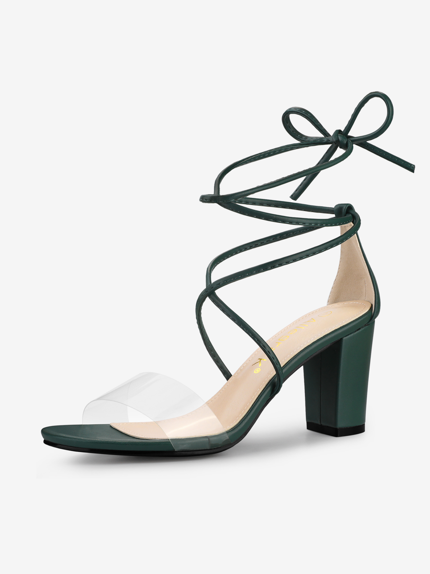 Open Toe Lace Up Clear Strap Block Heel Sandals Dark Green/6
