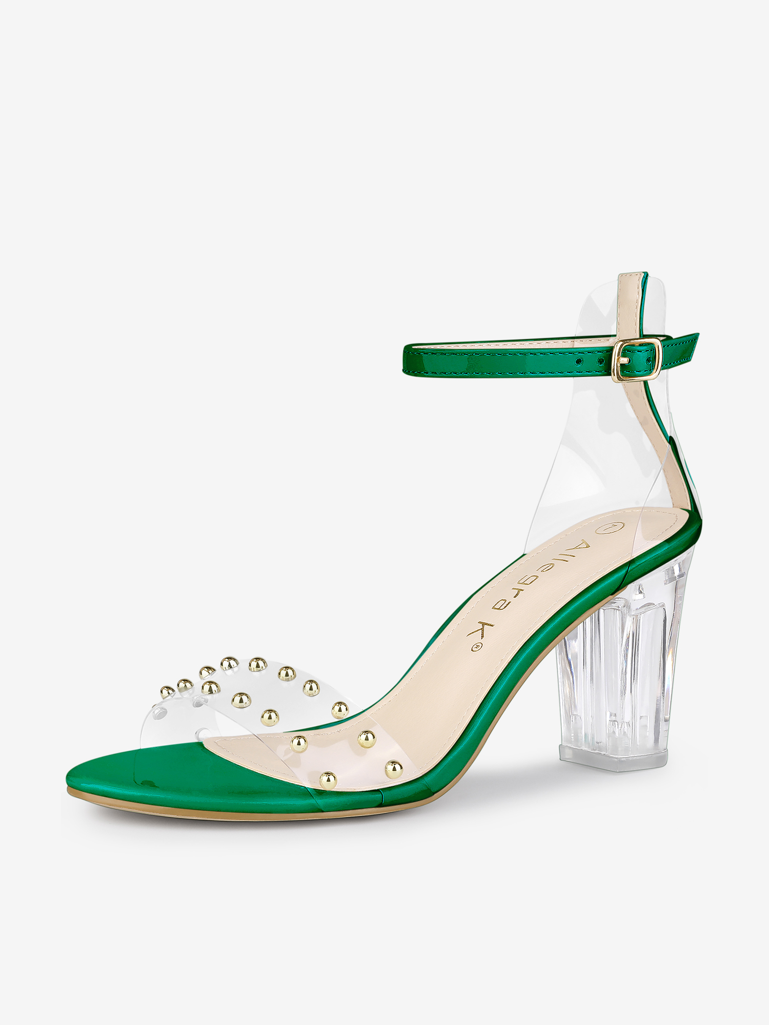 Buckle Closure Clear Block Heel Ankle Strap Sandals Green/7