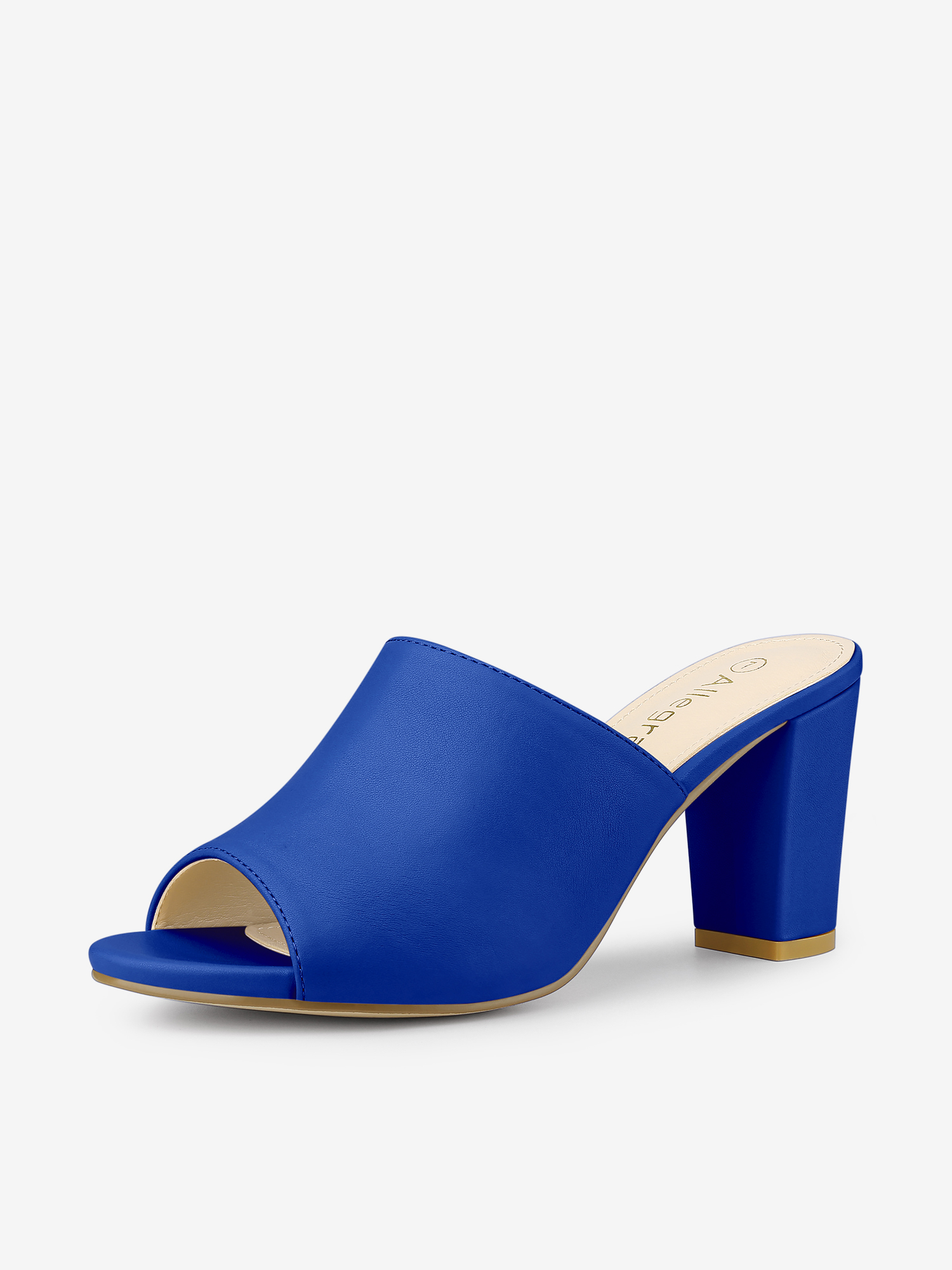 Faux Leather Slip On Mid Block Heel Slide Sandals Blue/8.5