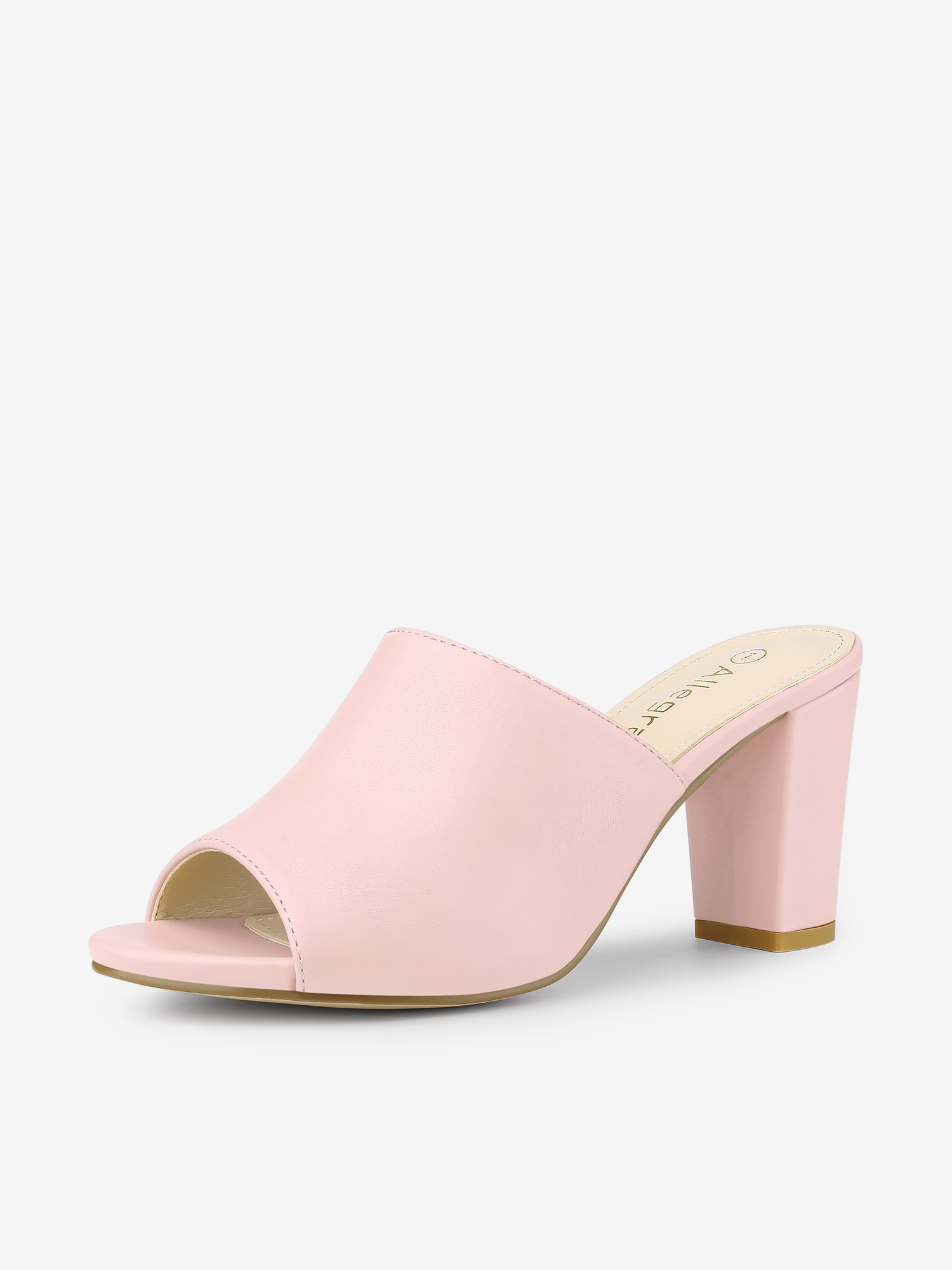 Faux Leather Slip On Mid Block Heel Slide Sandals Light Pink/6.5