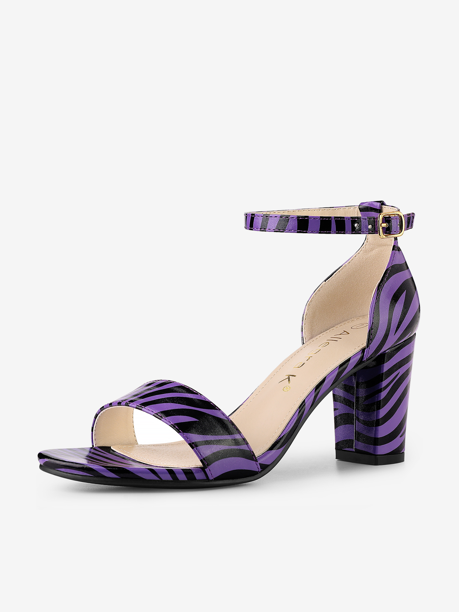 Snake Skin Print Chunky Heel Ankle Strap Sandals Black Purple/7.5