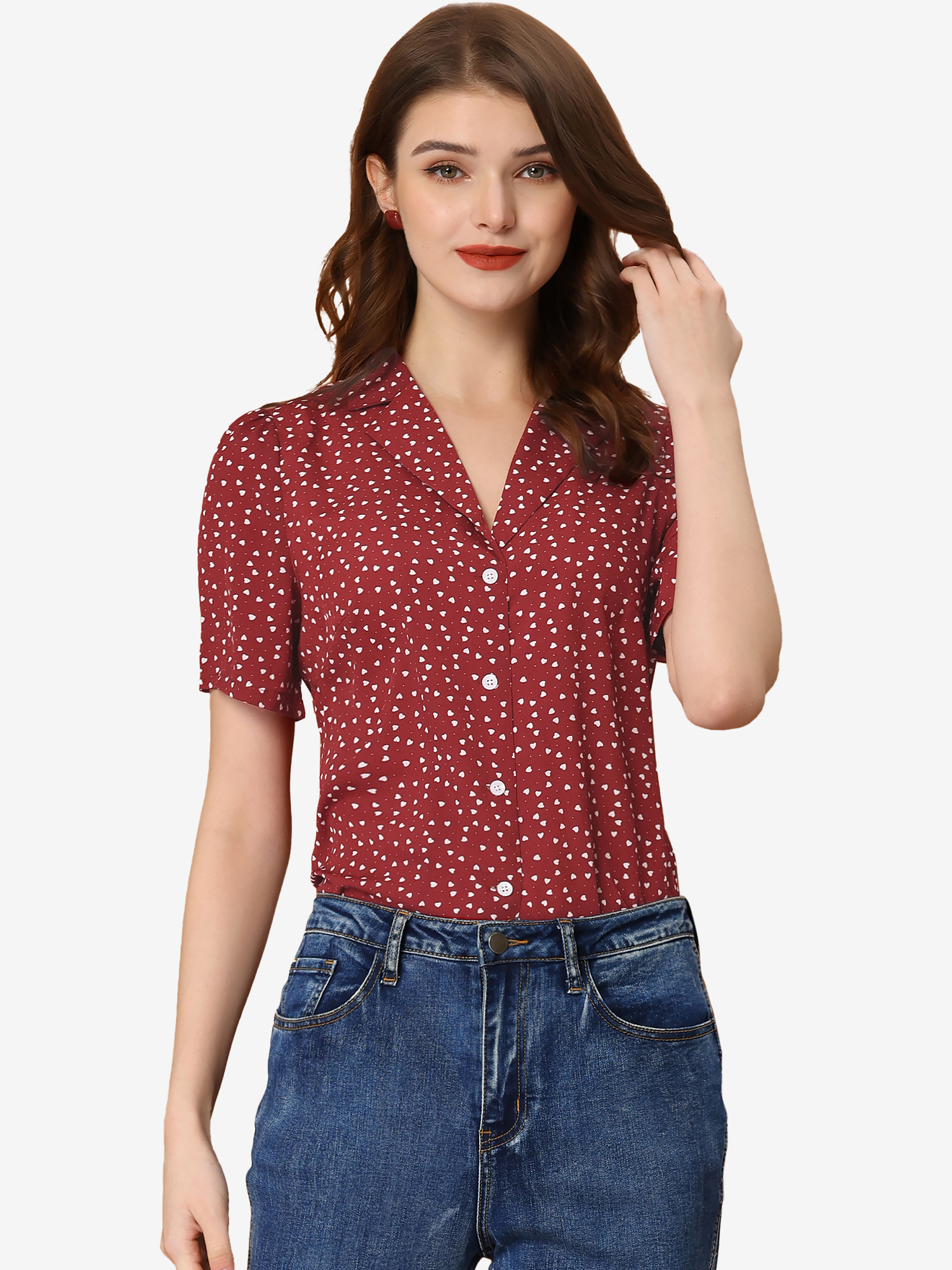 Women's Polka Dots V Neck Short Sleeve Button Down Vintage Blouse Red/XS