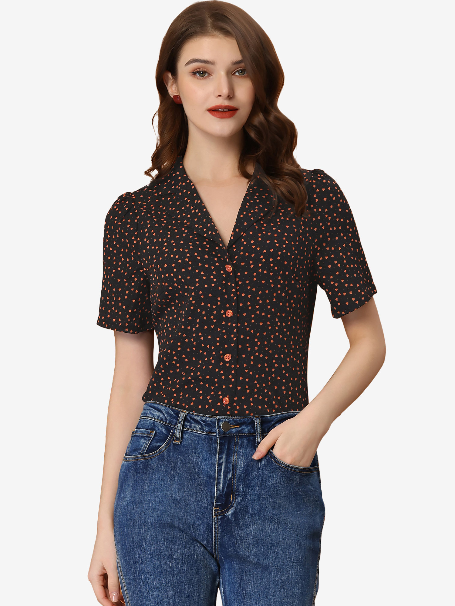 Women's Polka Dots V Neck Short Sleeve Button Down Vintage Blouse Black/L