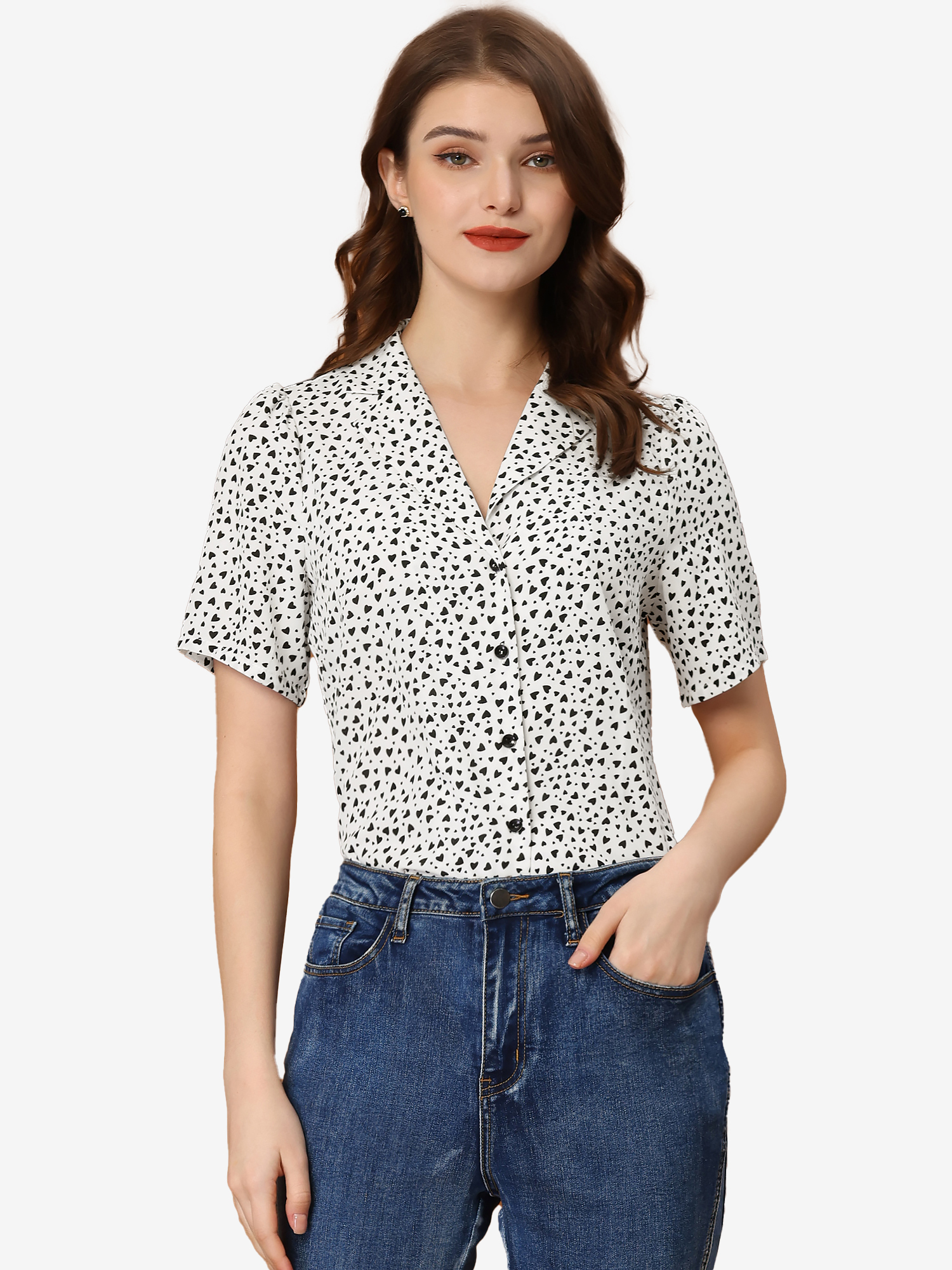Women's Polka Dots V Neck Short Sleeve Button Down Vintage Blouse White/M