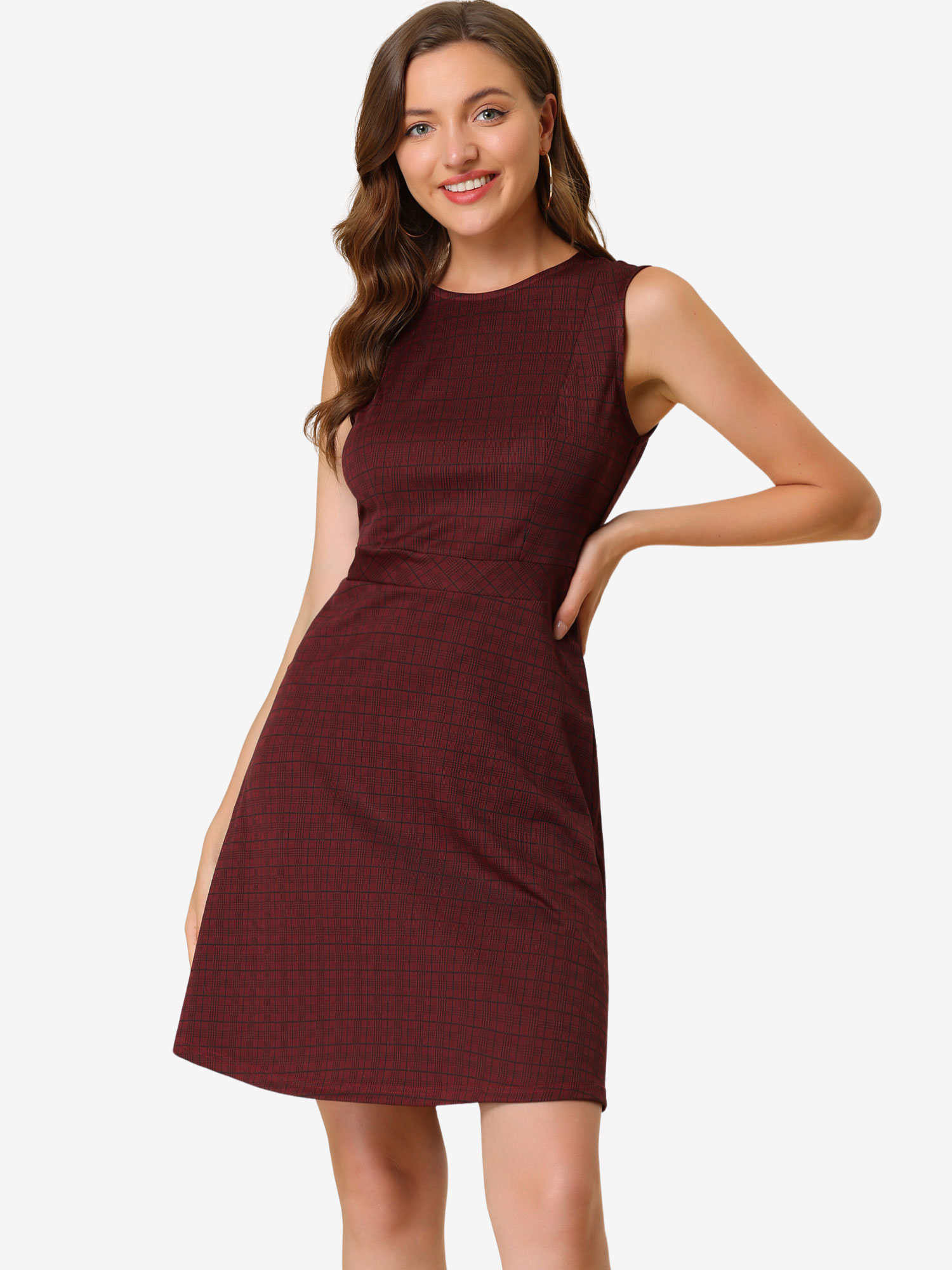 Plaid Sleeveless Fit and Flare Houndstooth Work Dress Burgundy-B/XL