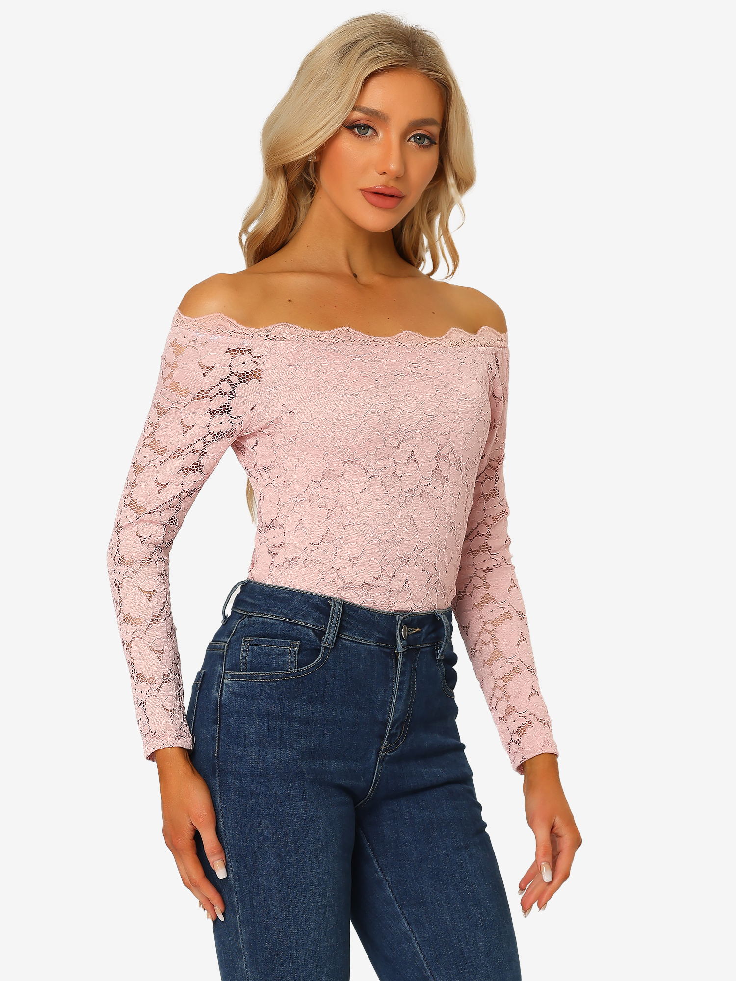 Off Shoulder Floral Lace Top Sheer Long Sleeves Casual Blouse Pink/XS