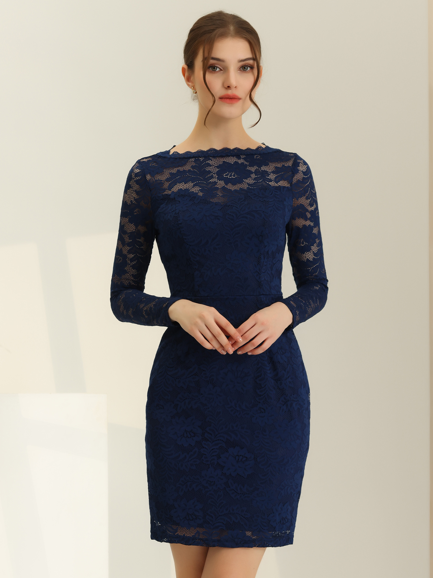 Lace Boat Neck Long Sleeve Cocktail Bodycon Pencil Dress Dark Blue/S