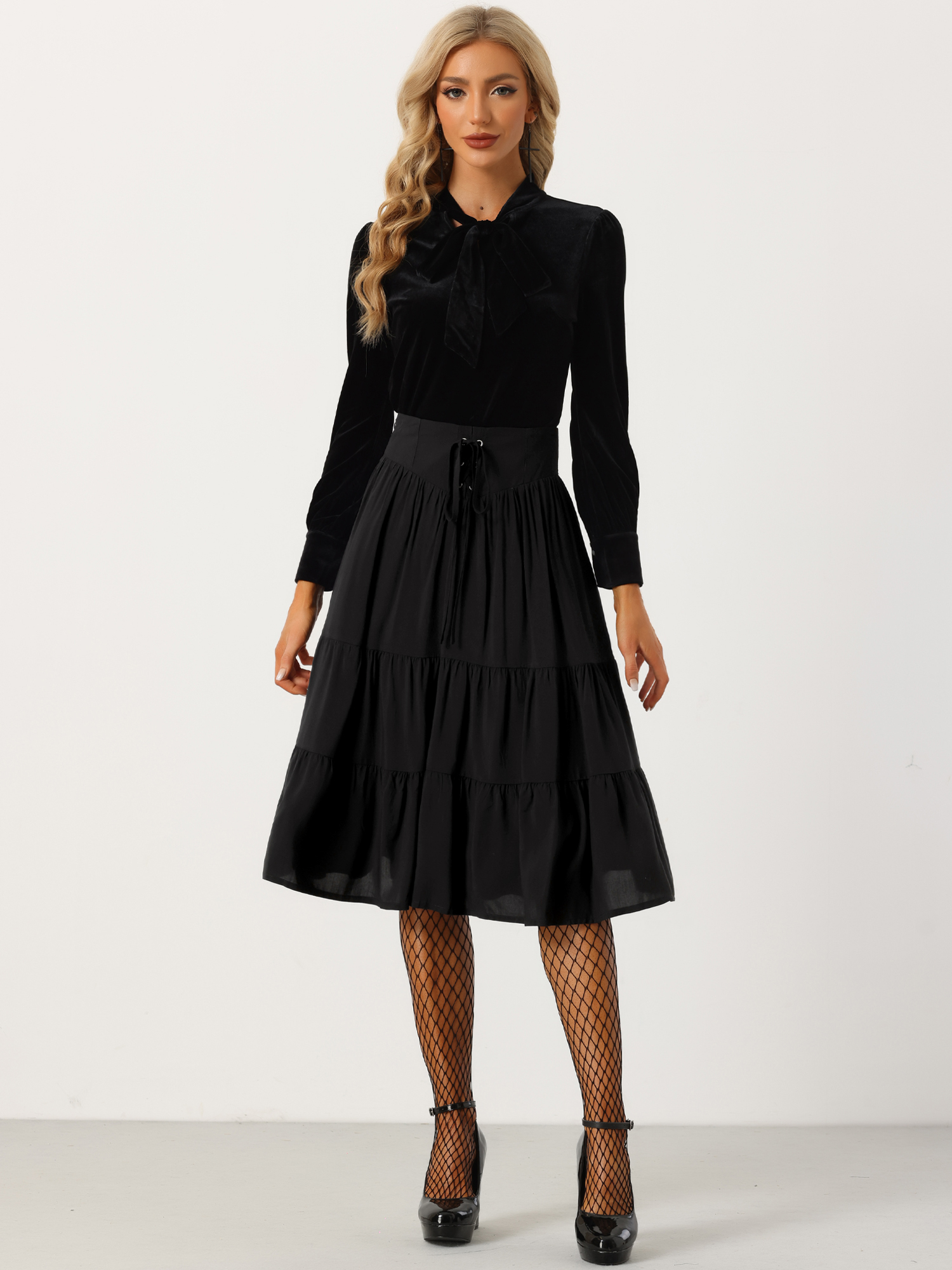 Tiered A-Line Skirt Lace Up Elastic Waist Flare Swing Midi Skirt Black/S