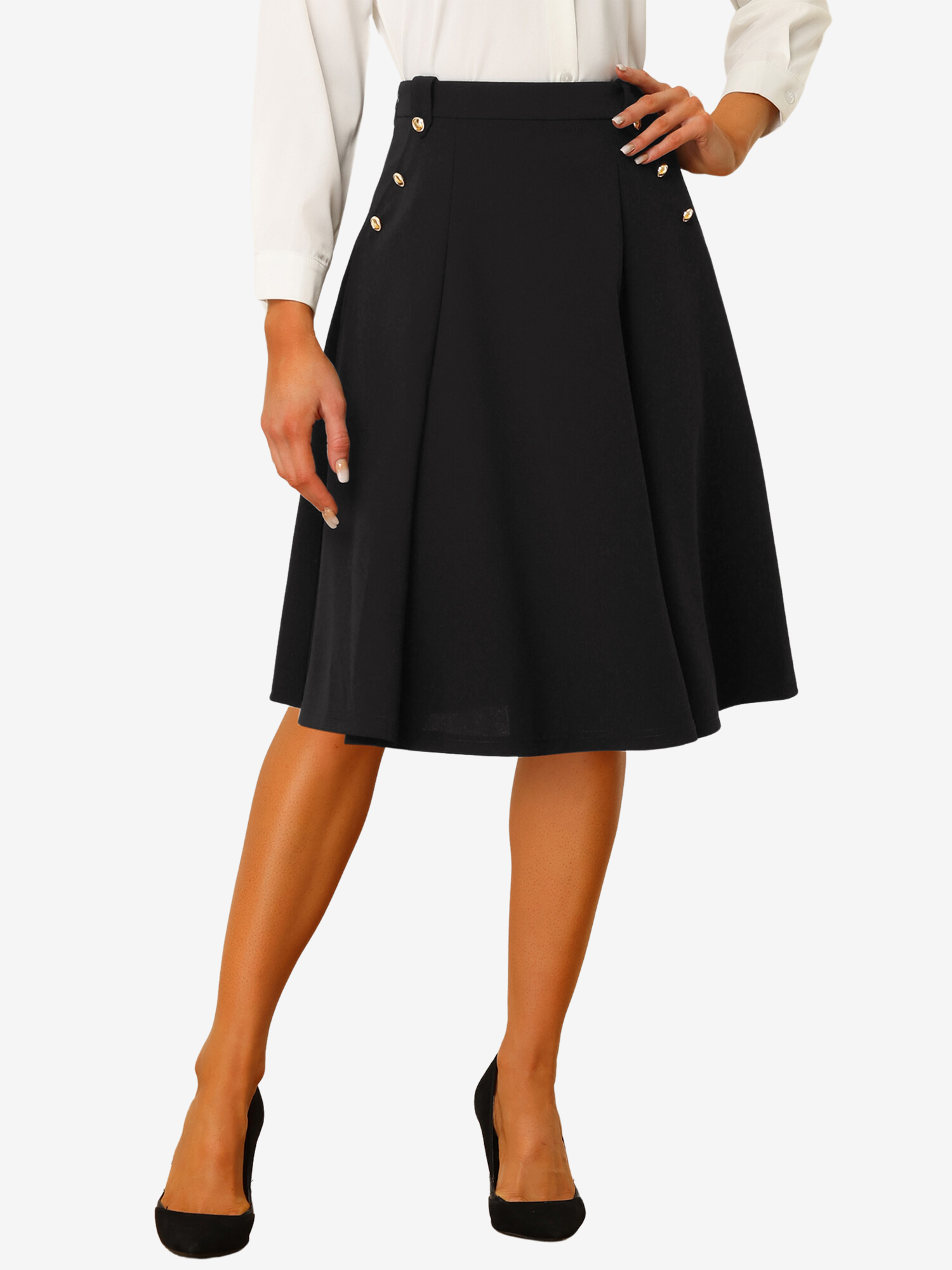 Women's High Waist Button Decor Vintage Pleated Flared Midi Skirt Black/XL
