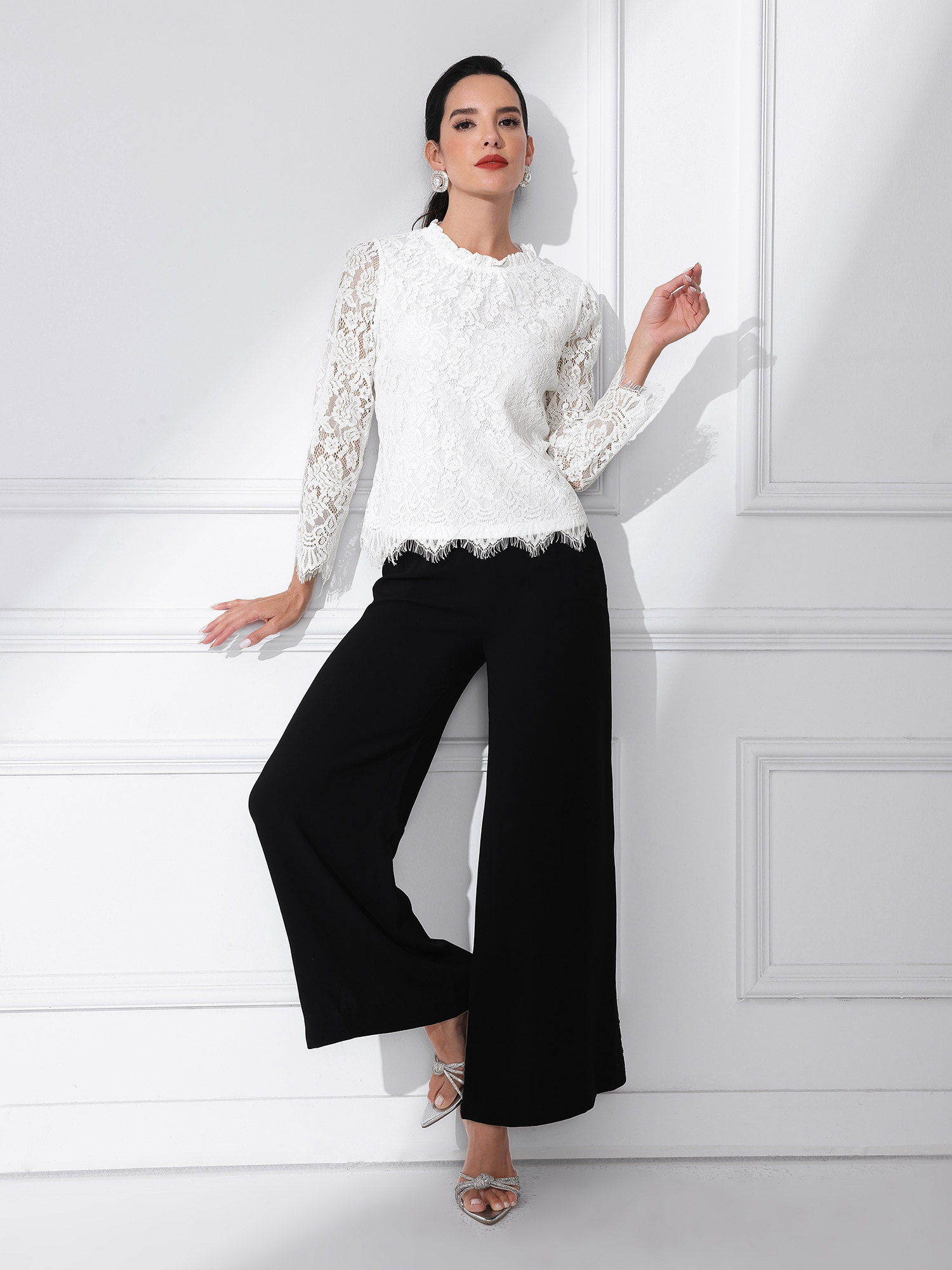 Lace Long Sleeve Ruffle Stand Neck Floral Blouse White/2XL