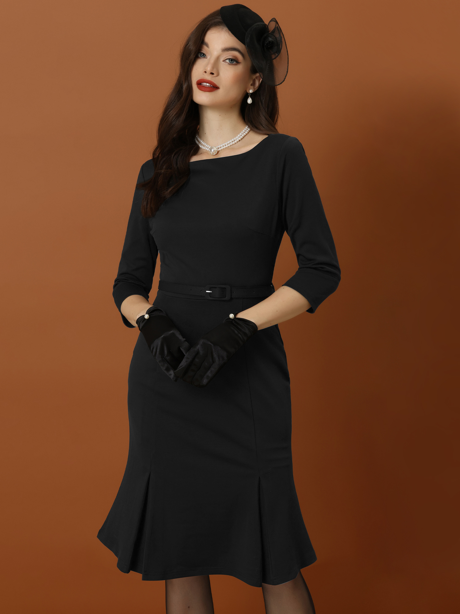 Business Elegant Boat Neck Half Sleeve Pleated Midi Solid Dress Black/XS
