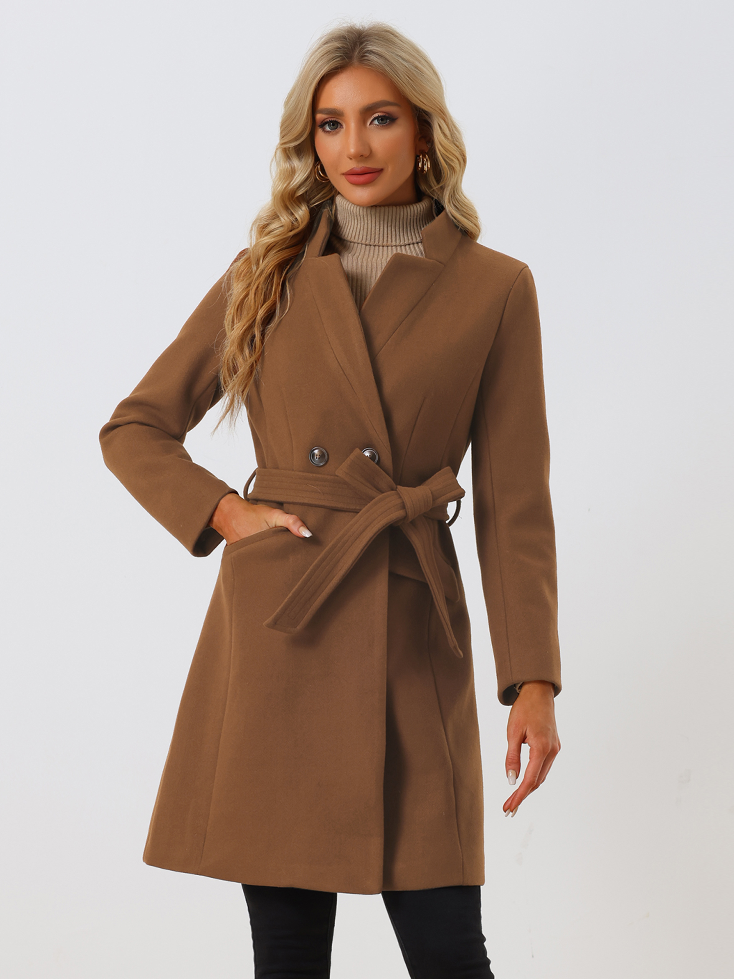 Belted Stand Collar Winter Fully Lined Belted Coats Brown/M