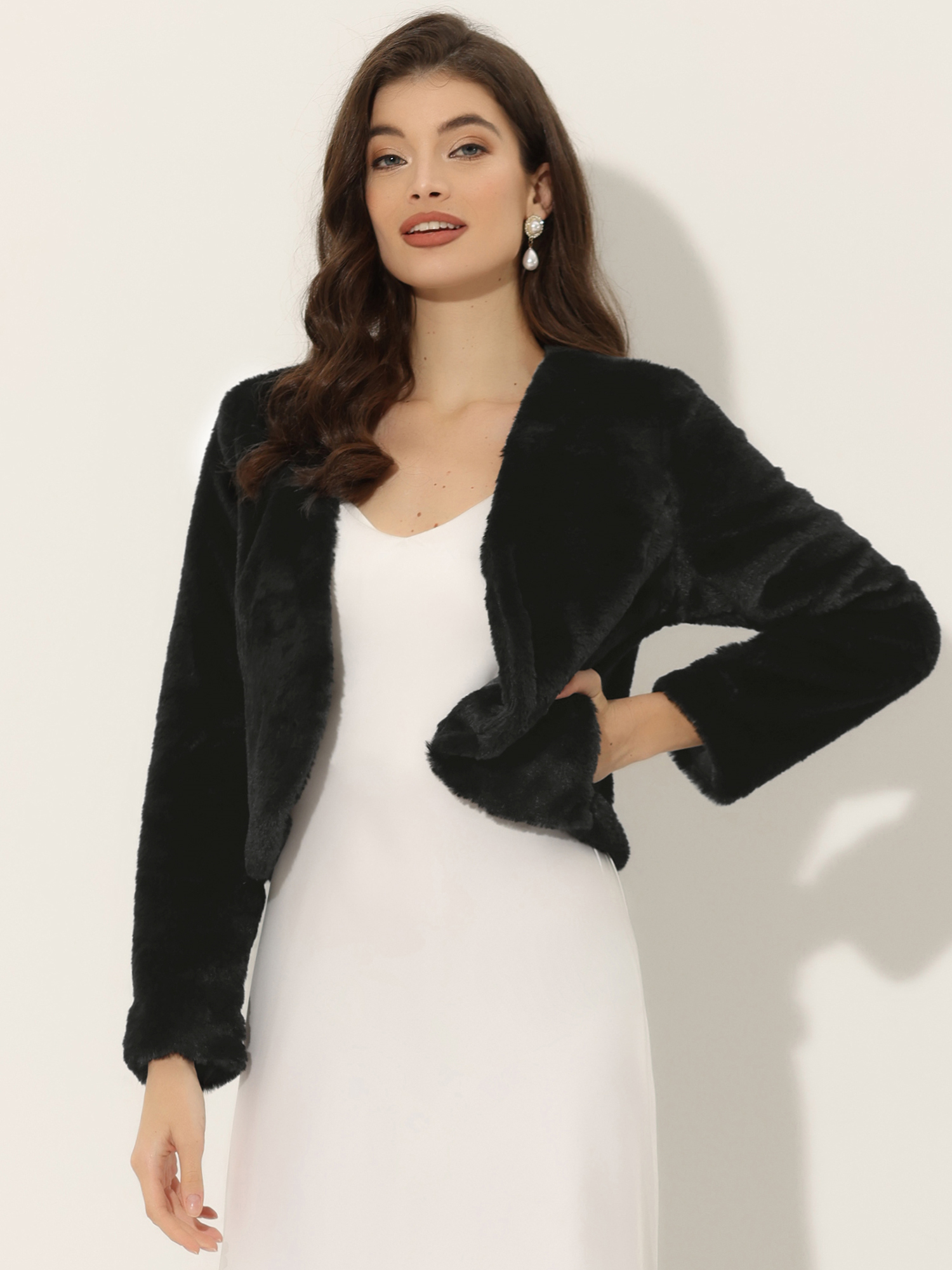 Faux Fur Long Sleeve Open Front Bolero Winter Coat Cropped Jacket Black/XL
