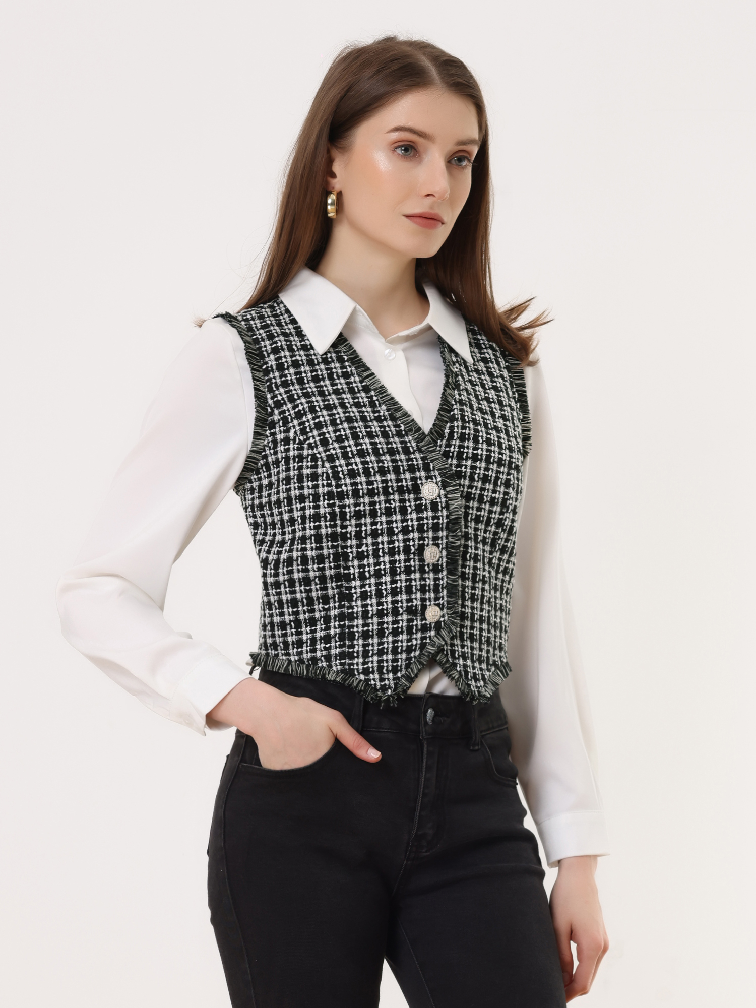 Plaid Waistcoat Fringe Trim Vintage 1950s Suit Vest Black/M