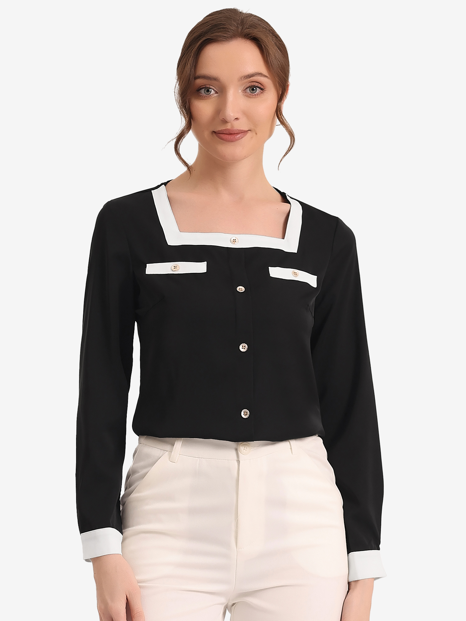 Work Color Block Long Sleeve Career Square Neck Elegant Blouse Black/XL