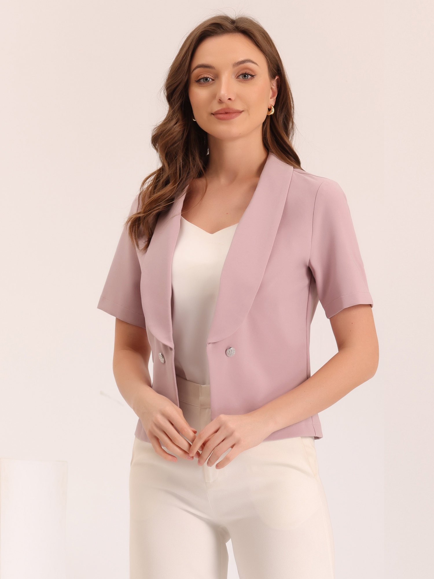 Casual Shawl Collar Open Front Cardigan Short Sleeve Work Blazer Grey Pink/XL