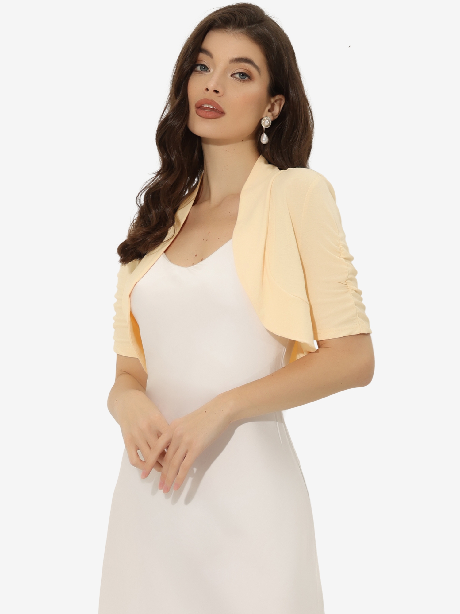 Short Ruched Sleeve Open Front Knit Cropped Bolero Shrugs Apricot/M