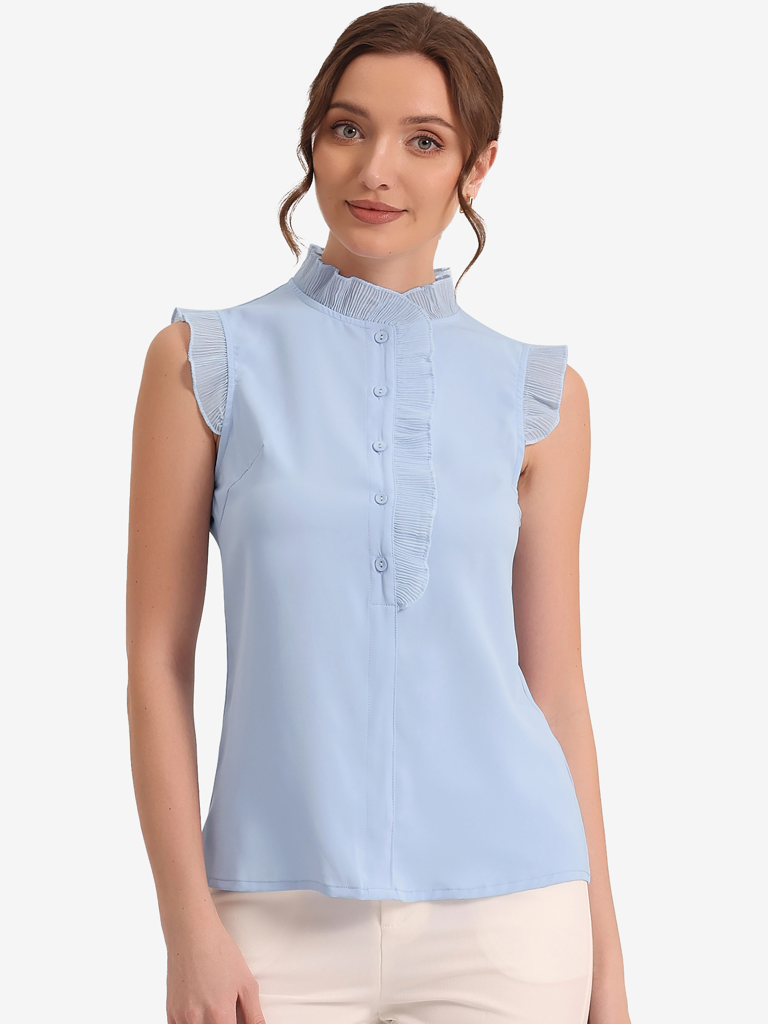 Sleeveless Shirt Button Up Solid Color Ruffle Summer Blouse Light Blue/XL