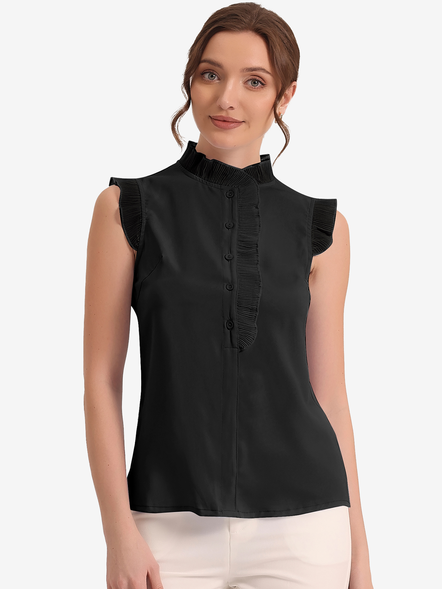 Sleeveless Shirt Button Up Solid Color Ruffle Summer Blouse Black/XL