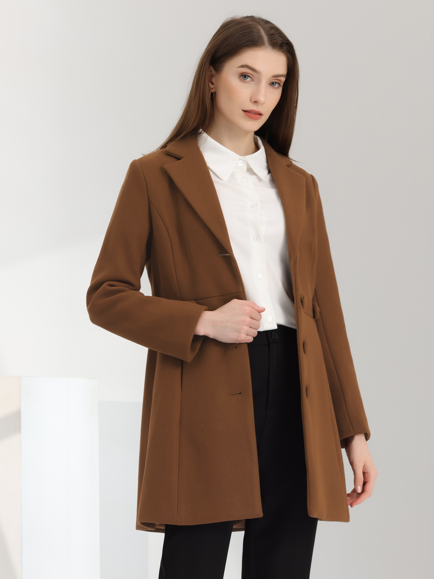 Notched Lapel Single Breasted Button Down Winter Coat Brown/M