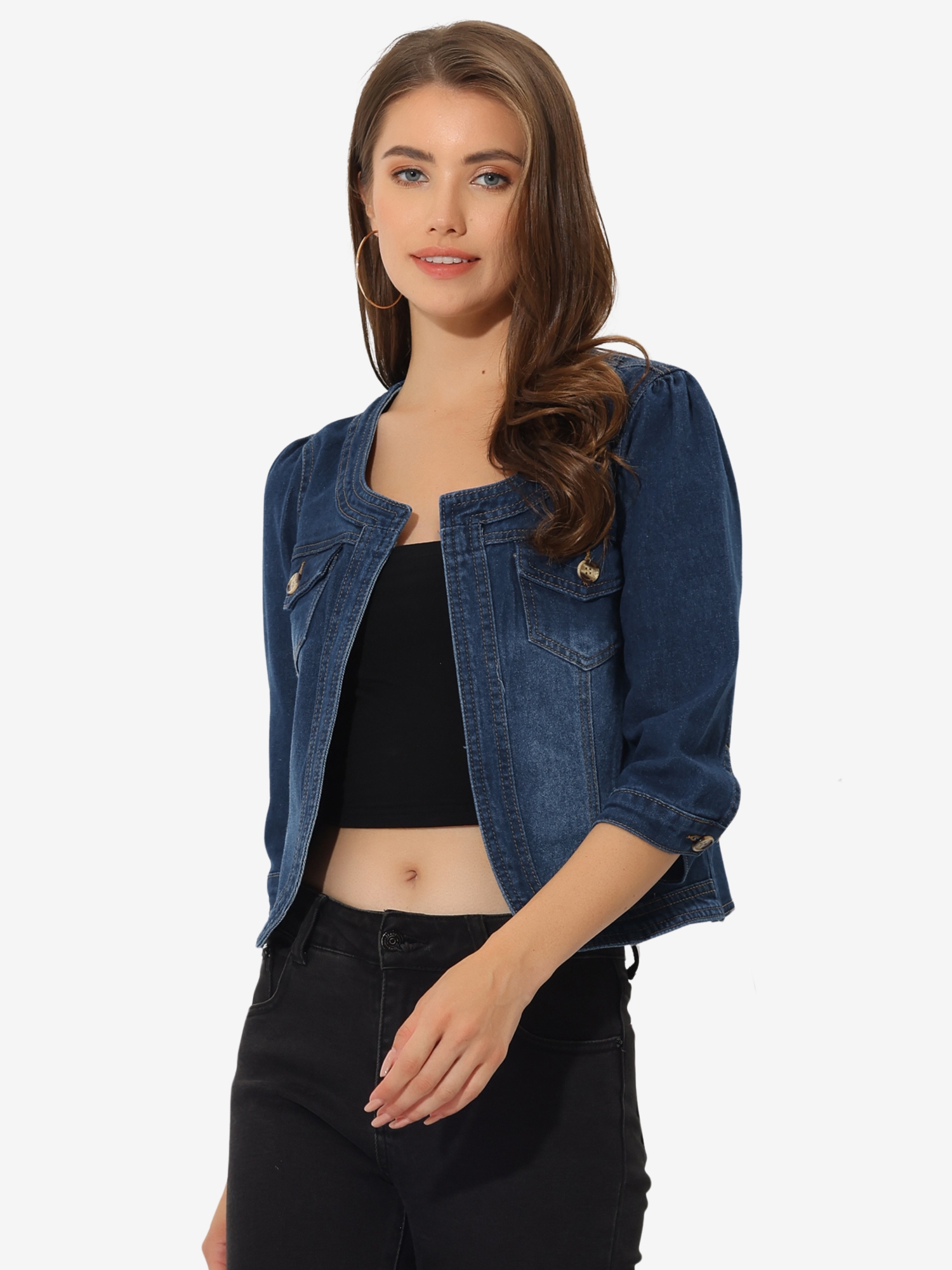 Denim Collarless Pockets 3/4 Sleeve Feminine Style Jacket Dark Blue/XS