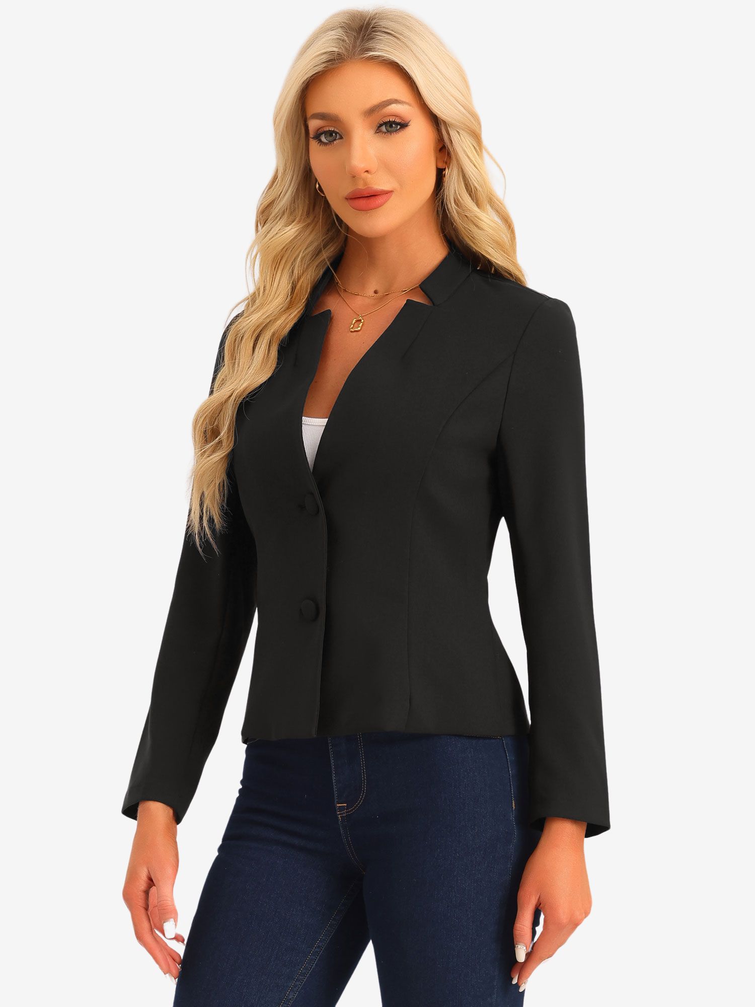 Elegant Blazer Long Sleeve Button Front Stretch Office Suit Jacket Black/XS