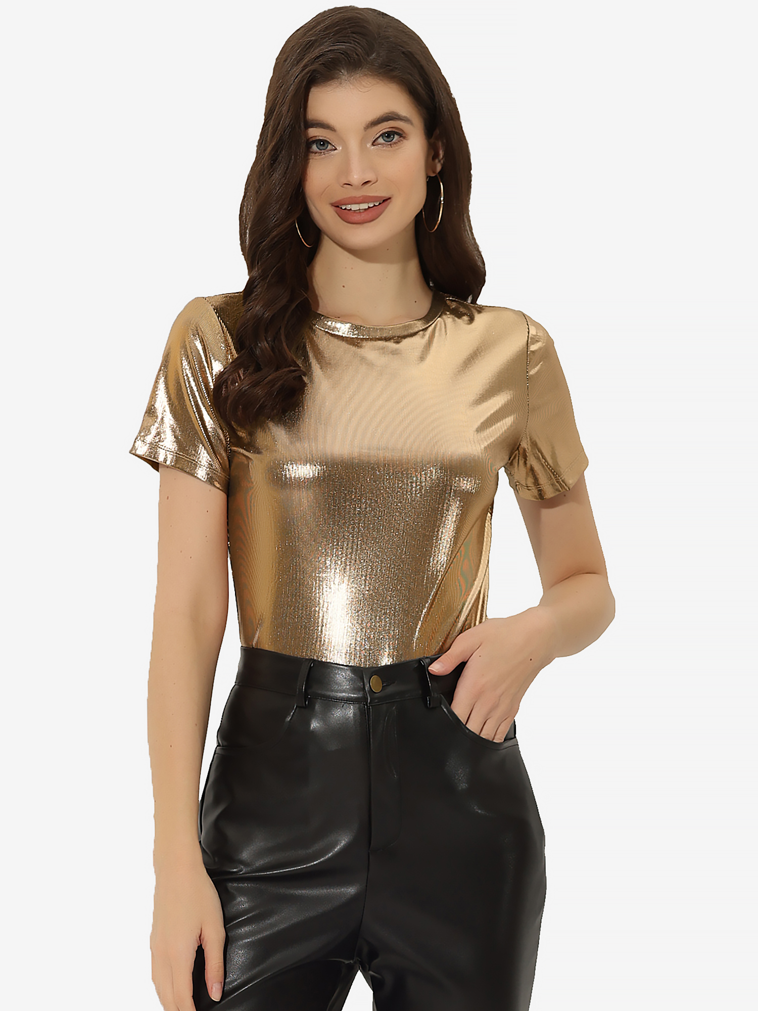 Party Metallic Textured Short Sleeve Shiny Multicolor Top Brown Gold/M