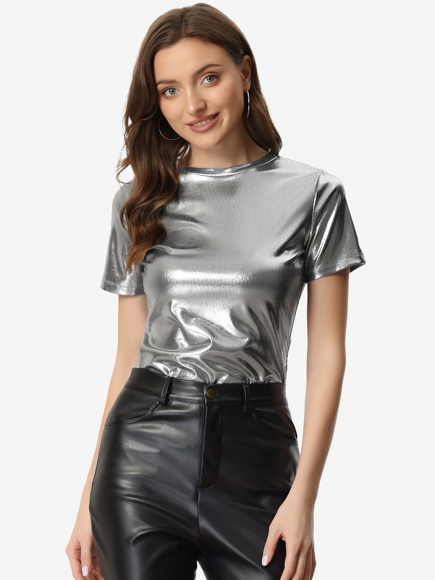 Party Metallic Textured Short Sleeve Shiny Multicolor Top Dark Silver/L