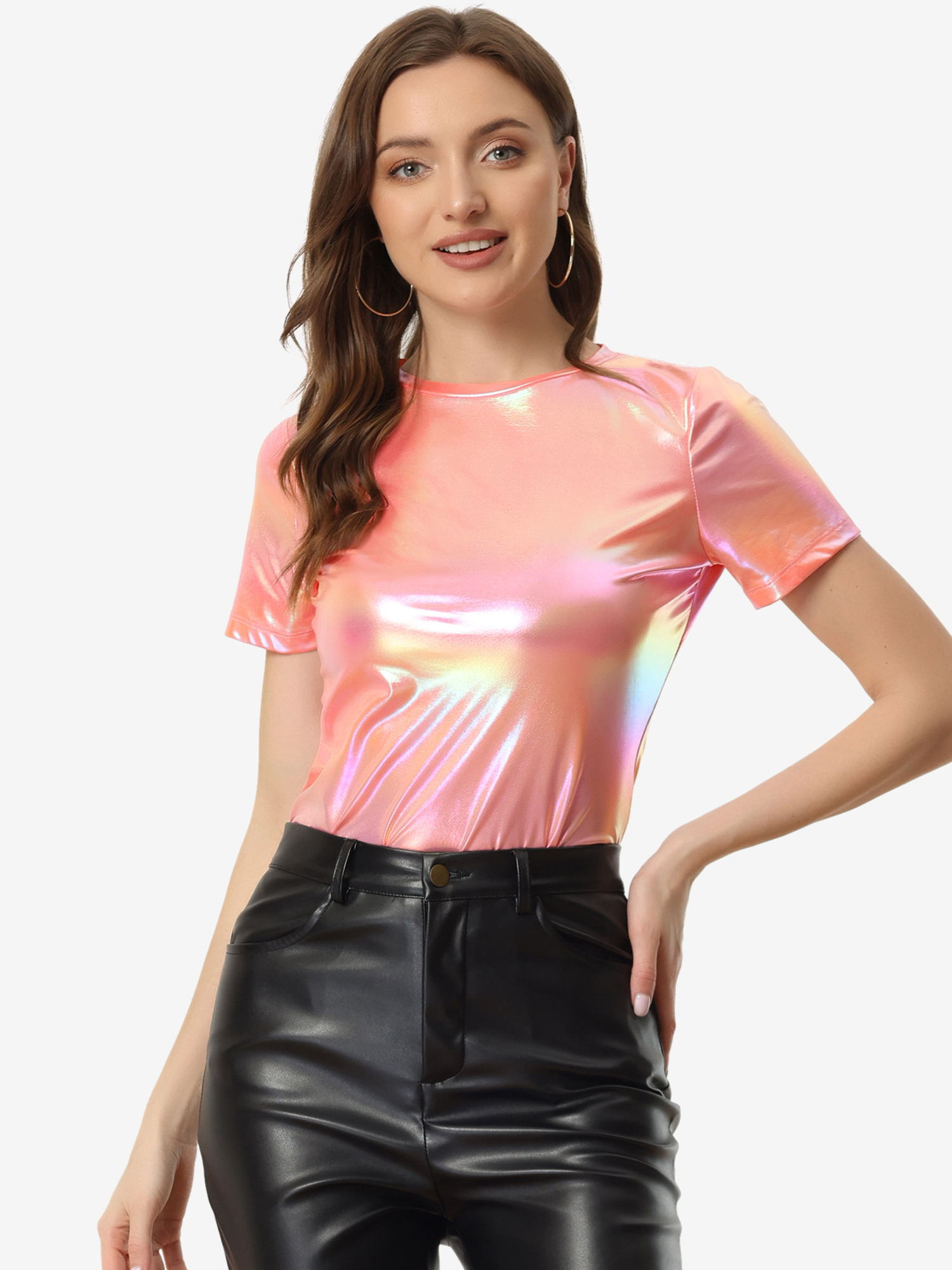 Party Metallic Textured Short Sleeve Shiny Multicolor Top Dark Pink/XL