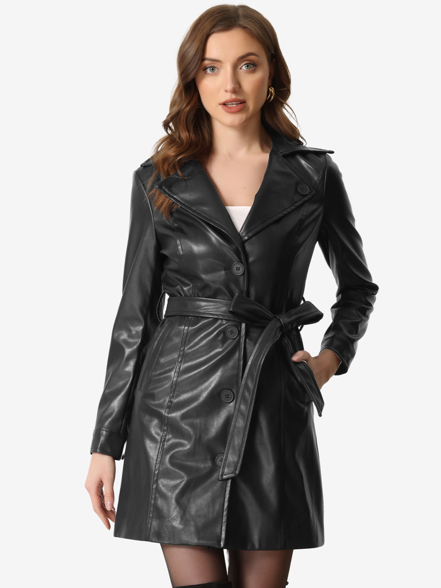 Faux Leather Notched Lapel Collar Button Down PU Coat Black/XS