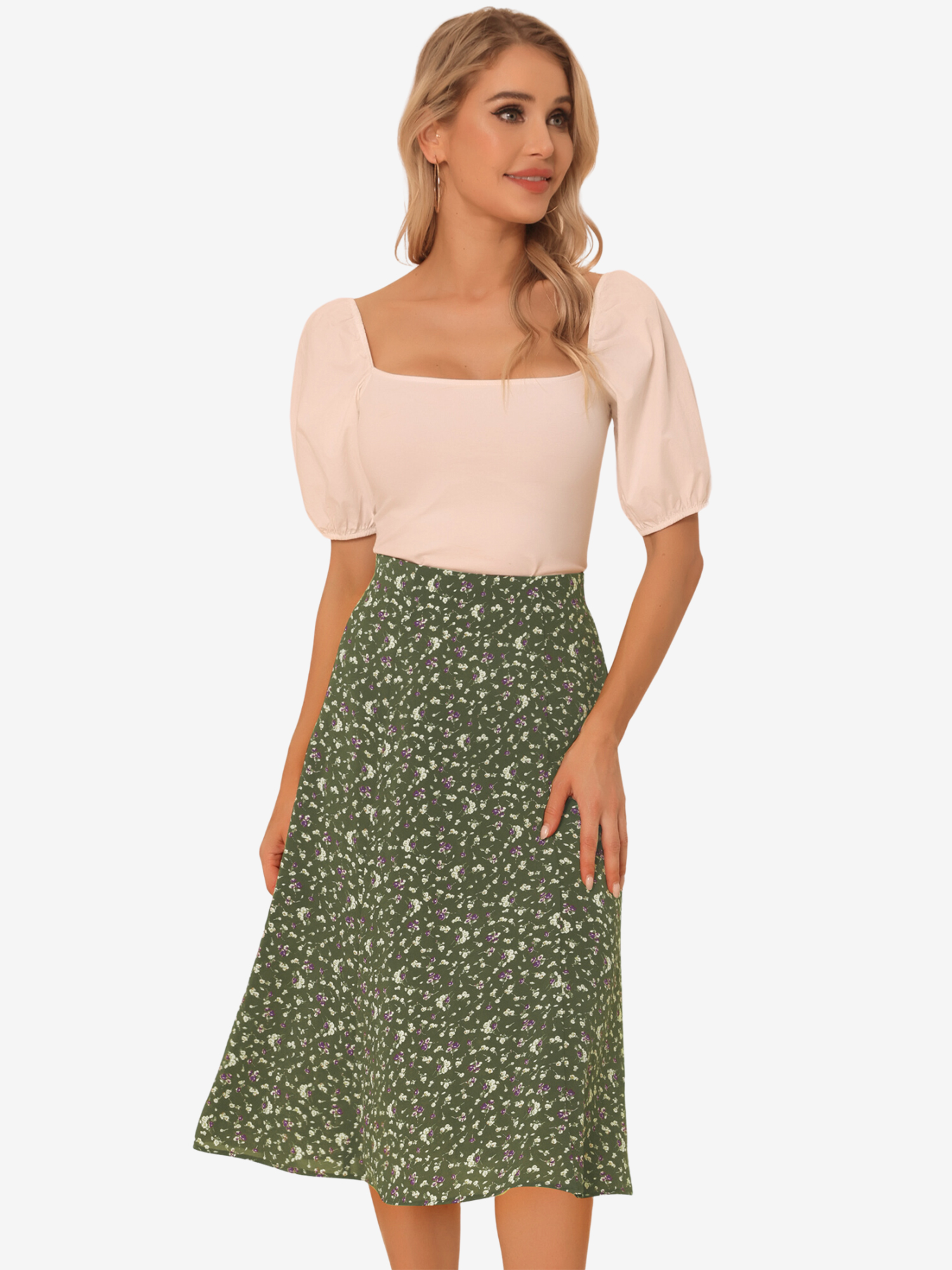 Floral Midi Peasant Elastic Waist A-Line Skirt Army Green/XS