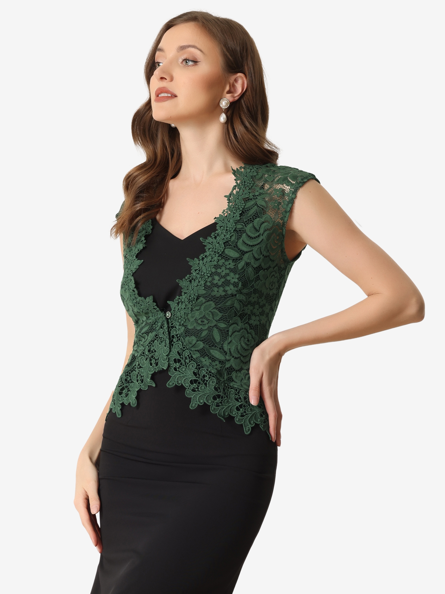 Floral Lace Shrug Wedding Guest Cap Sleeve Formal Sheer Bolero Cardigan Dark Green/L