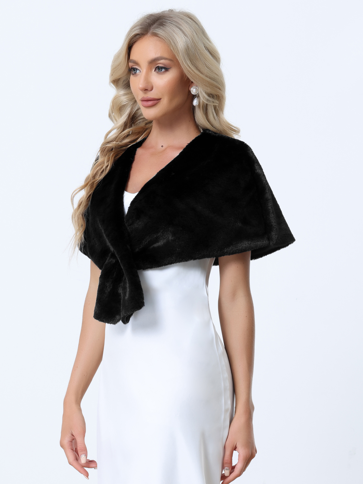Faux Fur Shawl Winter 1920s Stole Bridal Wedding Wraps Black/XS