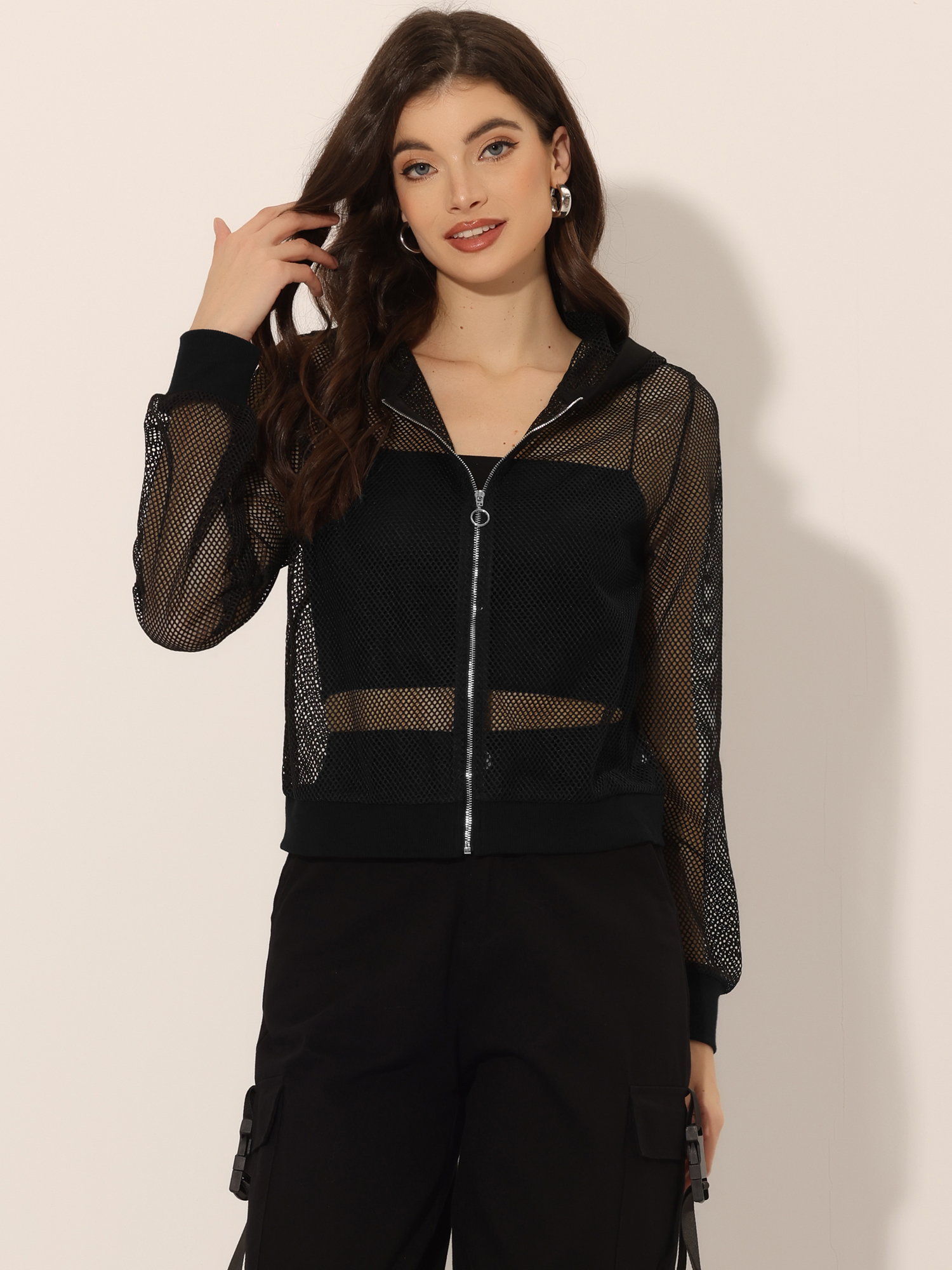 Zip Up Long Sleeve Mesh Sheer Hoodie Bomber Jackets Black/L