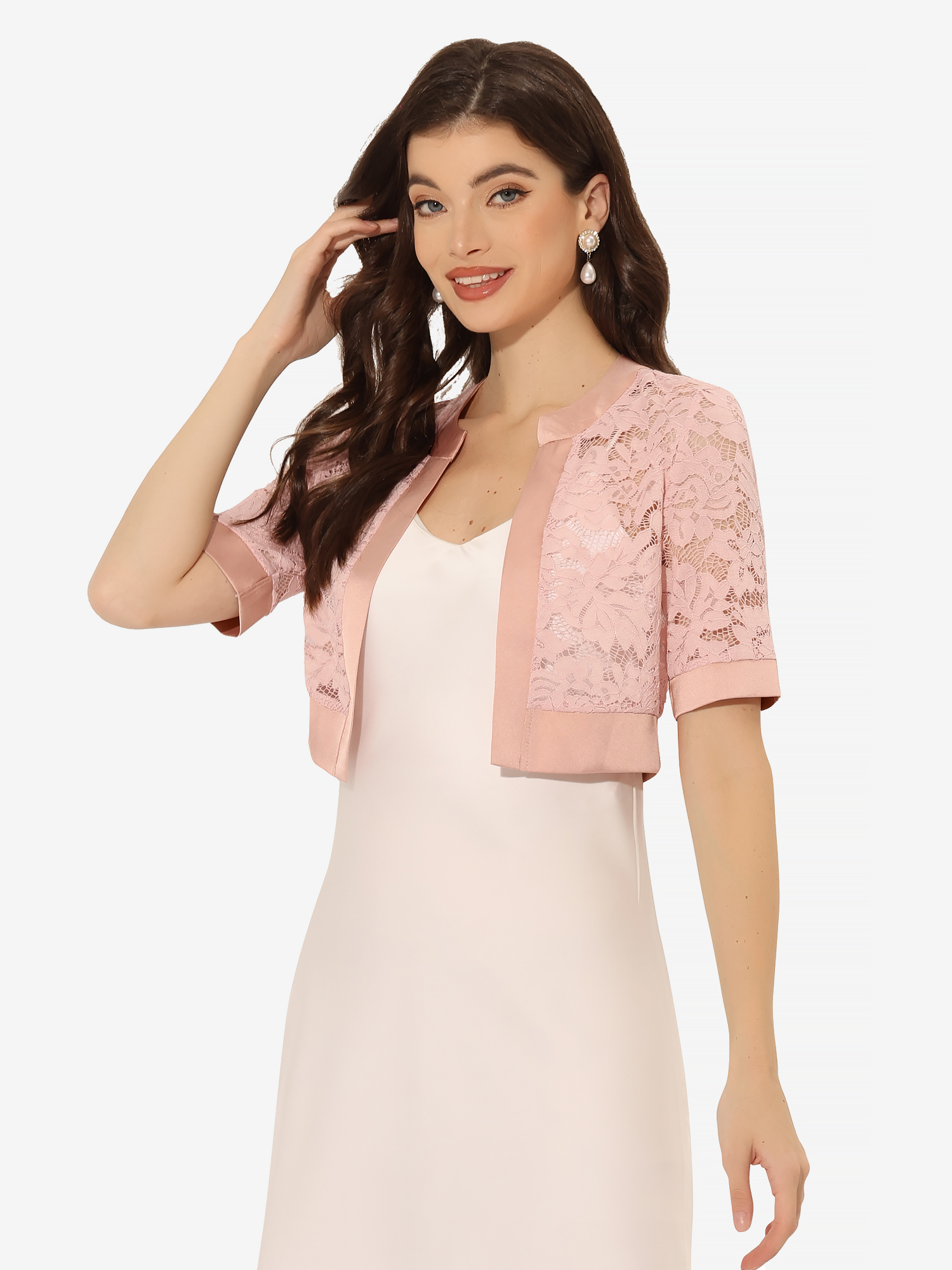 Panel Short Sleeve Sheer Lace Cropped Bolero Shrug Pink/S