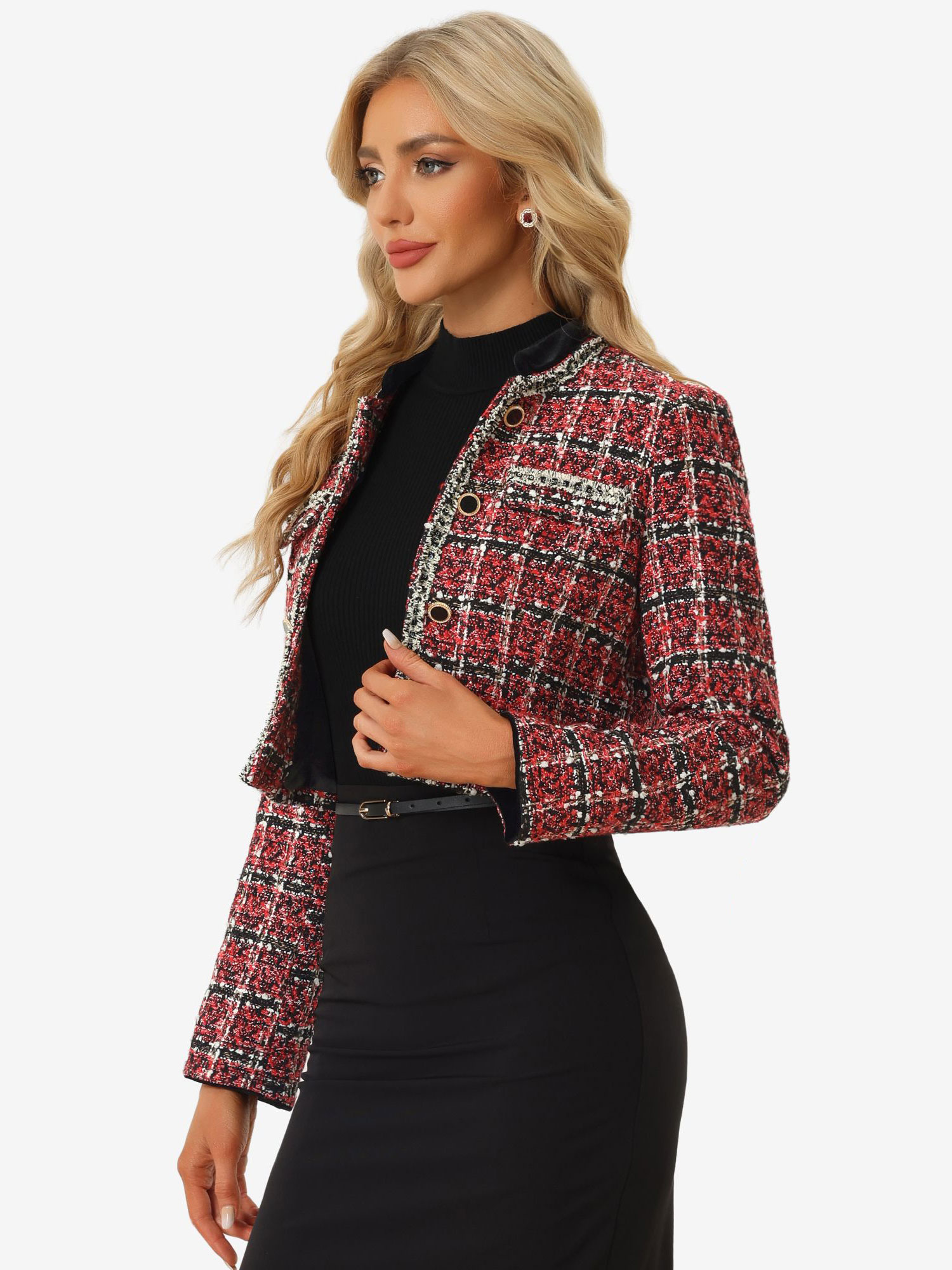 Stand Collar Double Breasted Elegant Plaid Tweed Crop Jacket Red/L