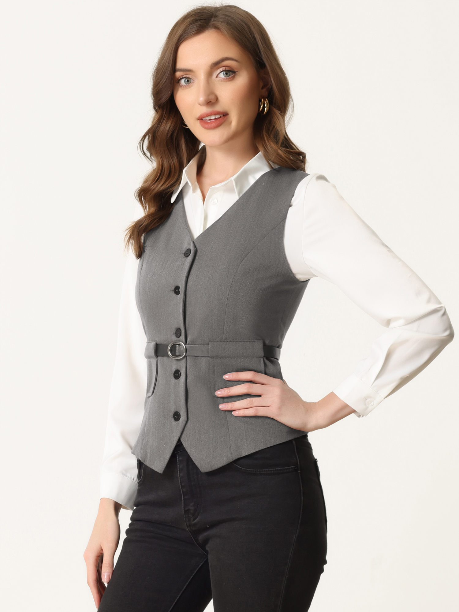 Button Front Closure Vest V Neck Belted Pockets Grey/L