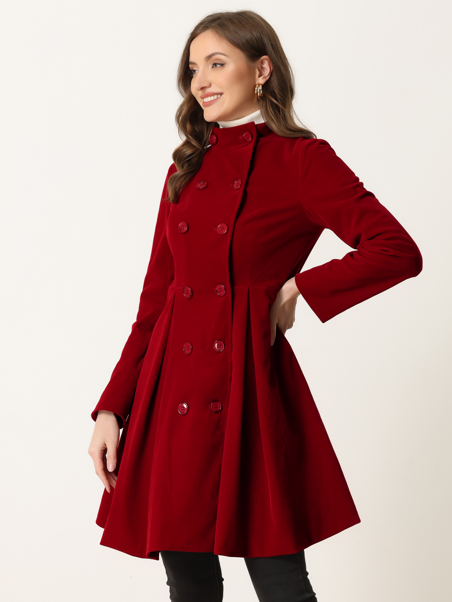 Velvet A-Line Stand Collar Double Breasted Winter Trench Coat Dark Red/M