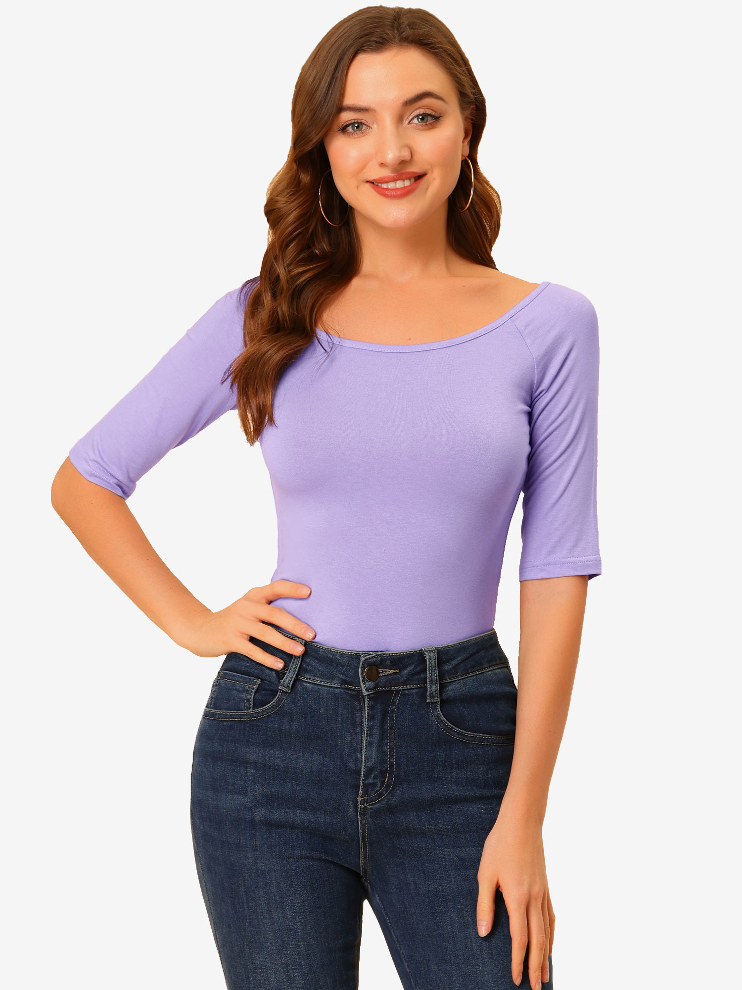 Scoop Neck Half Sleeves Fitted Layering Soft T-Shirt Lavender/L