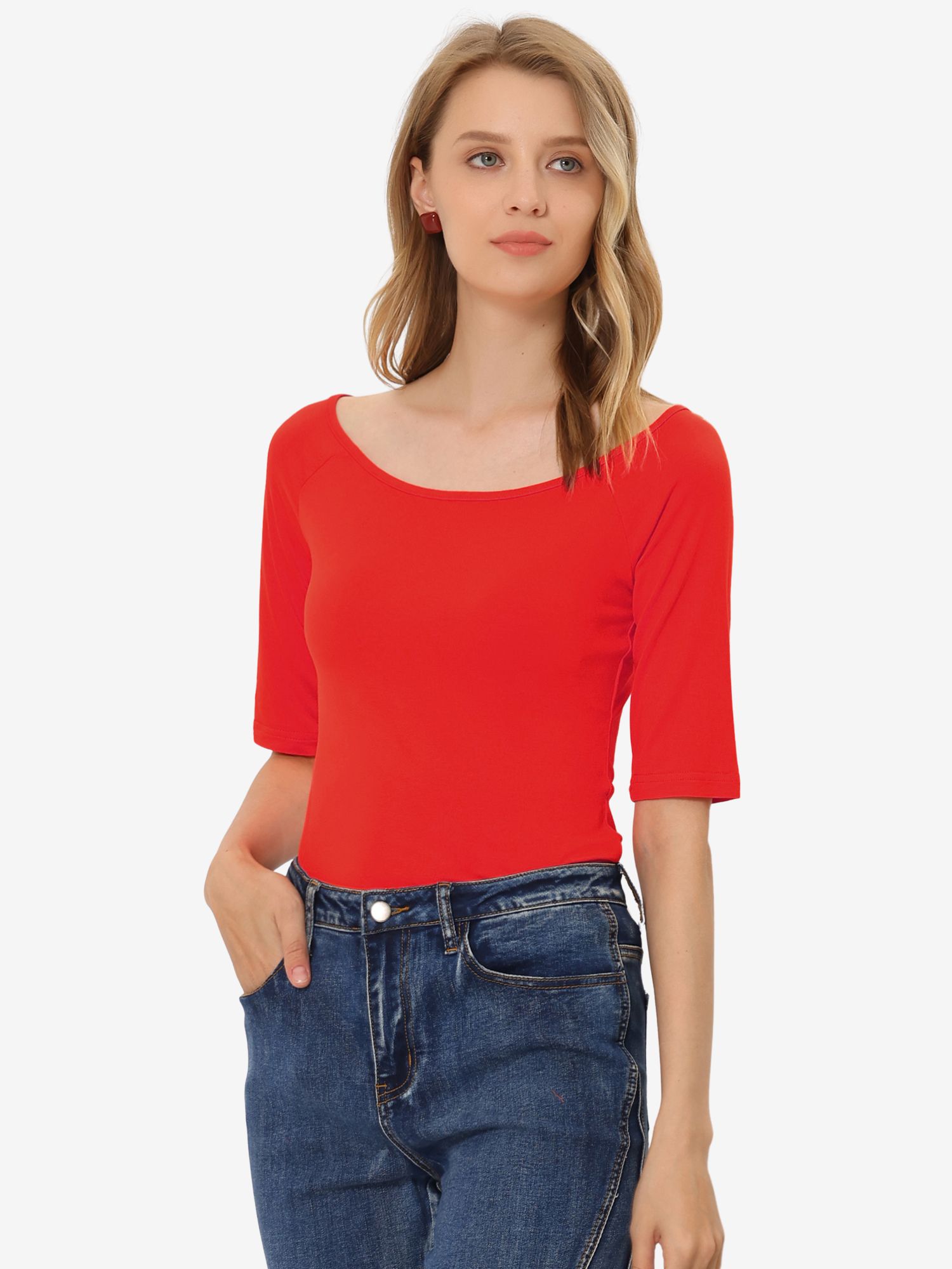 Scoop Neck Half Sleeves Fitted Layering Soft T-Shirt Deep Red/M