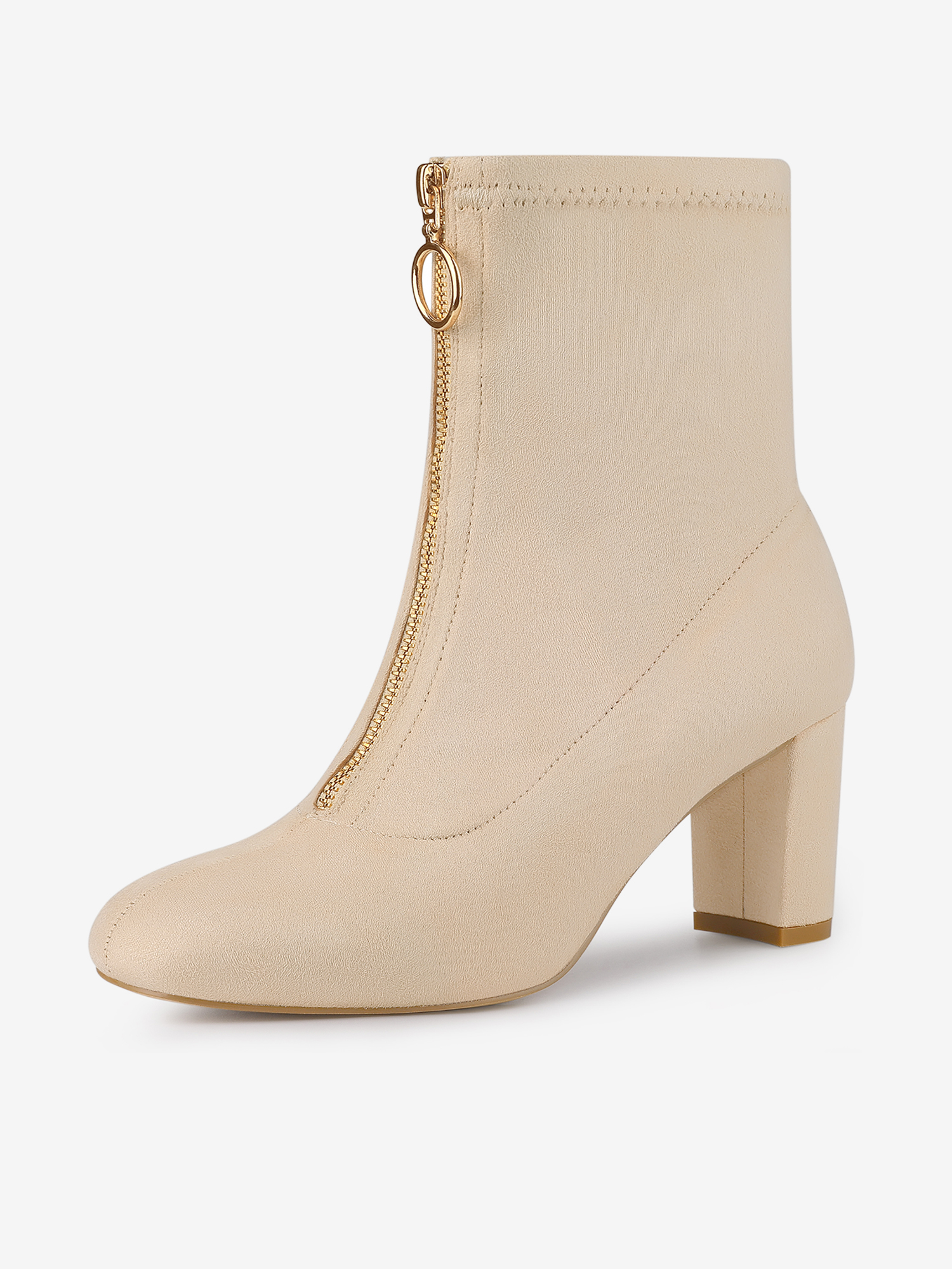Front Zipper Chunky High Heel Ankle Boots Beige/10