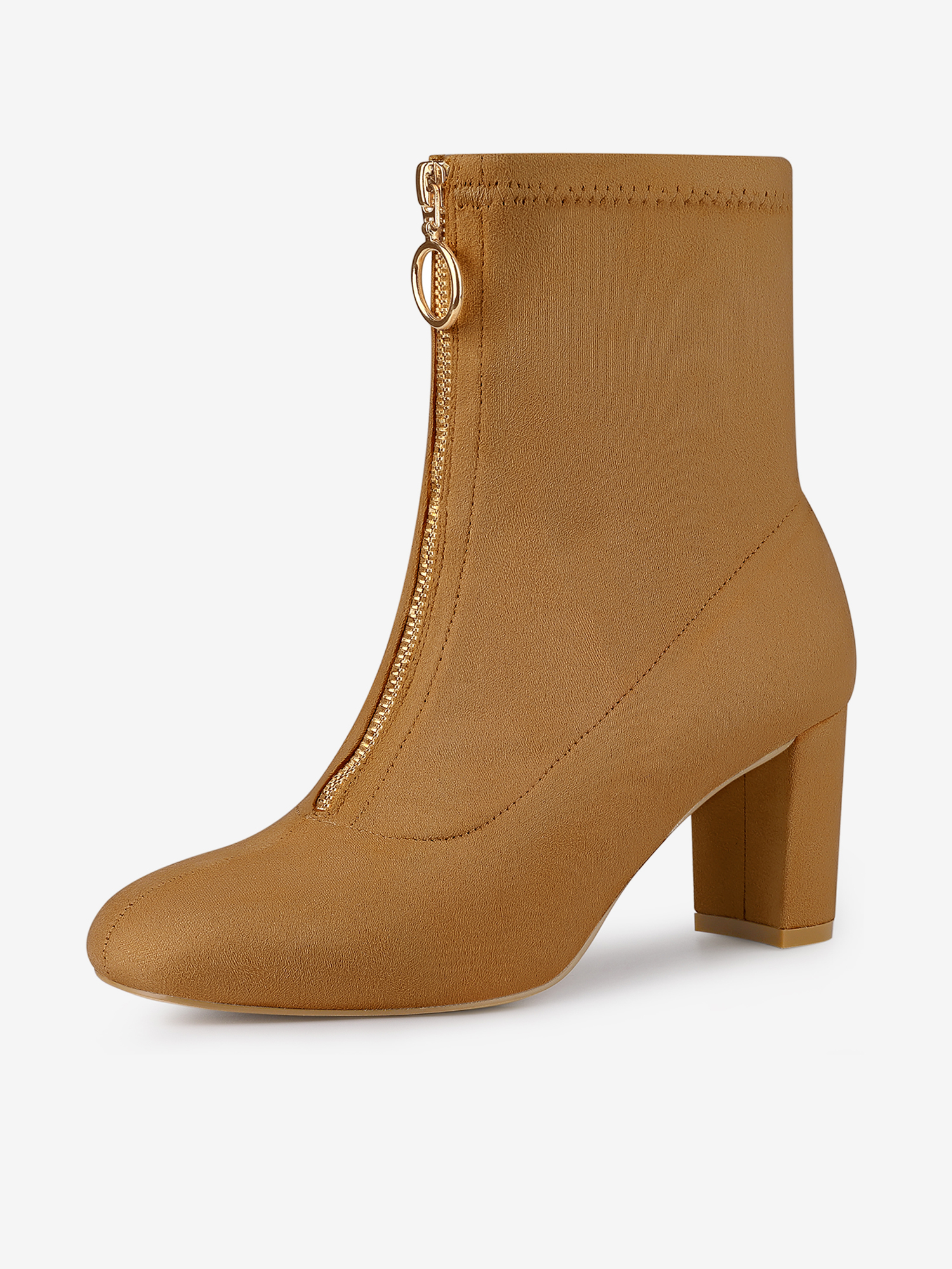 Front Zipper Chunky High Heel Ankle Boots Brown/8